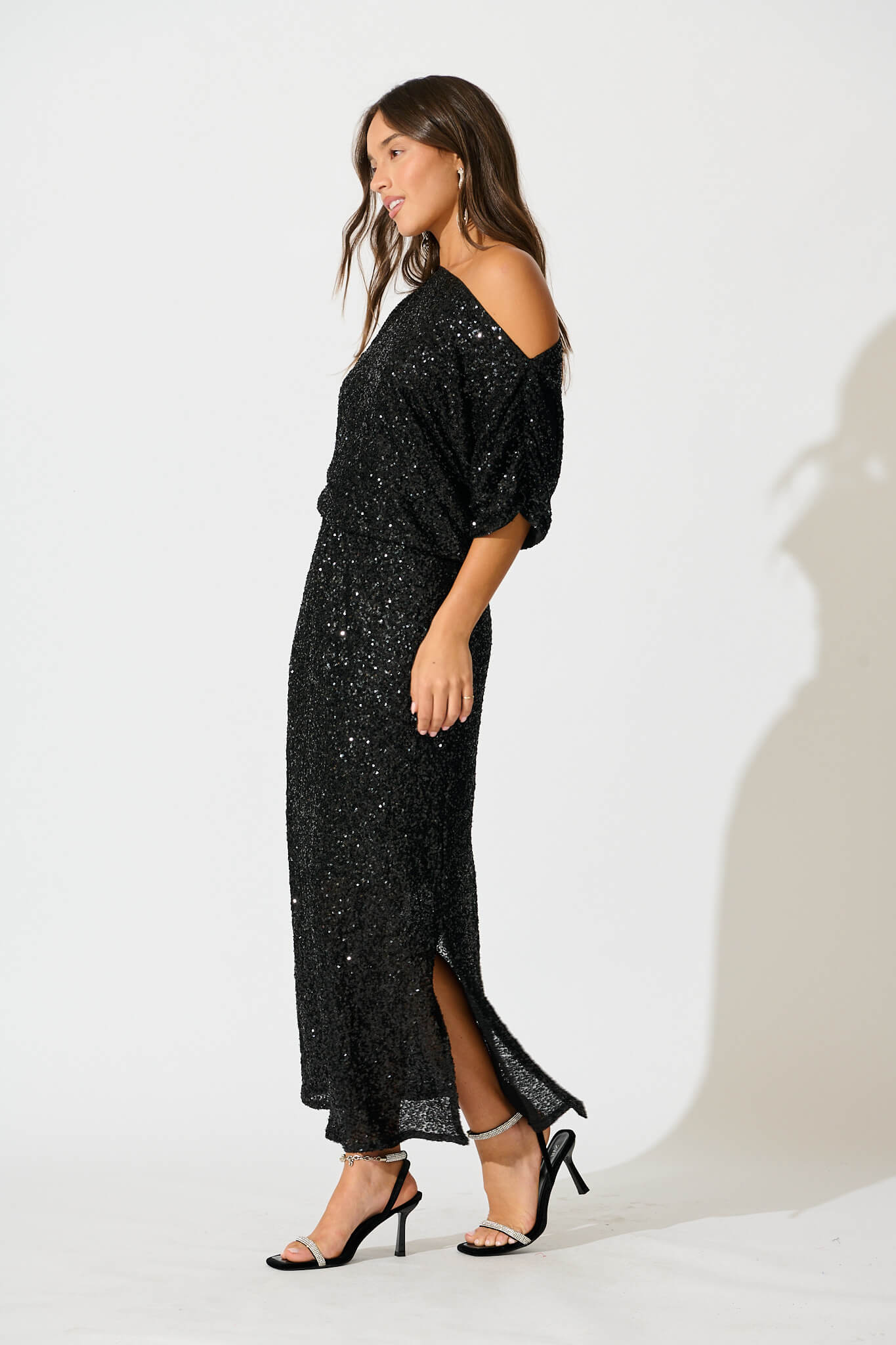 Amiri Off Shoulder Maxi Dress in Black Sequin - Image 9