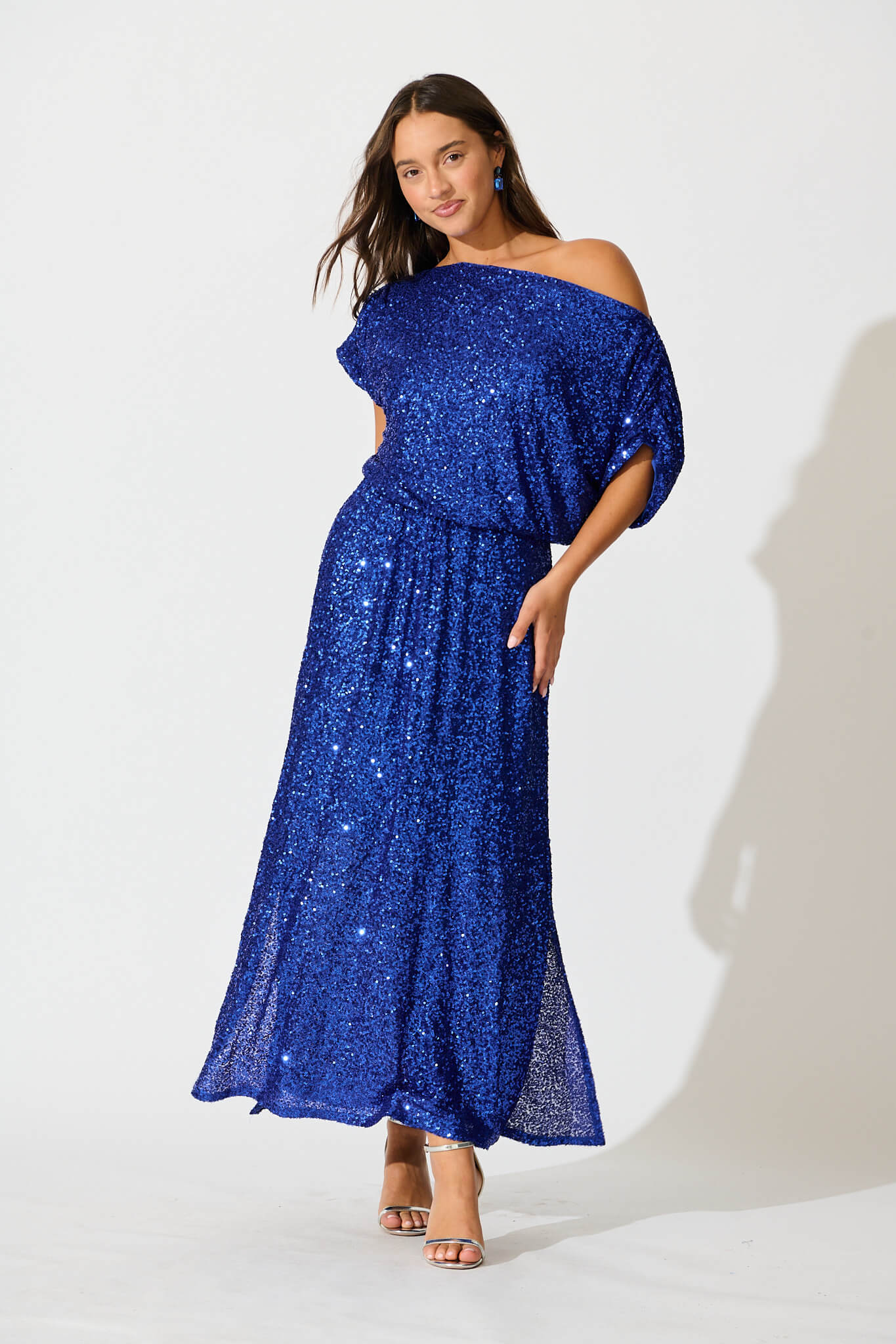 Amiri Off Shoulder Maxi Dress in Cobalt Blue Sequin - Image 2