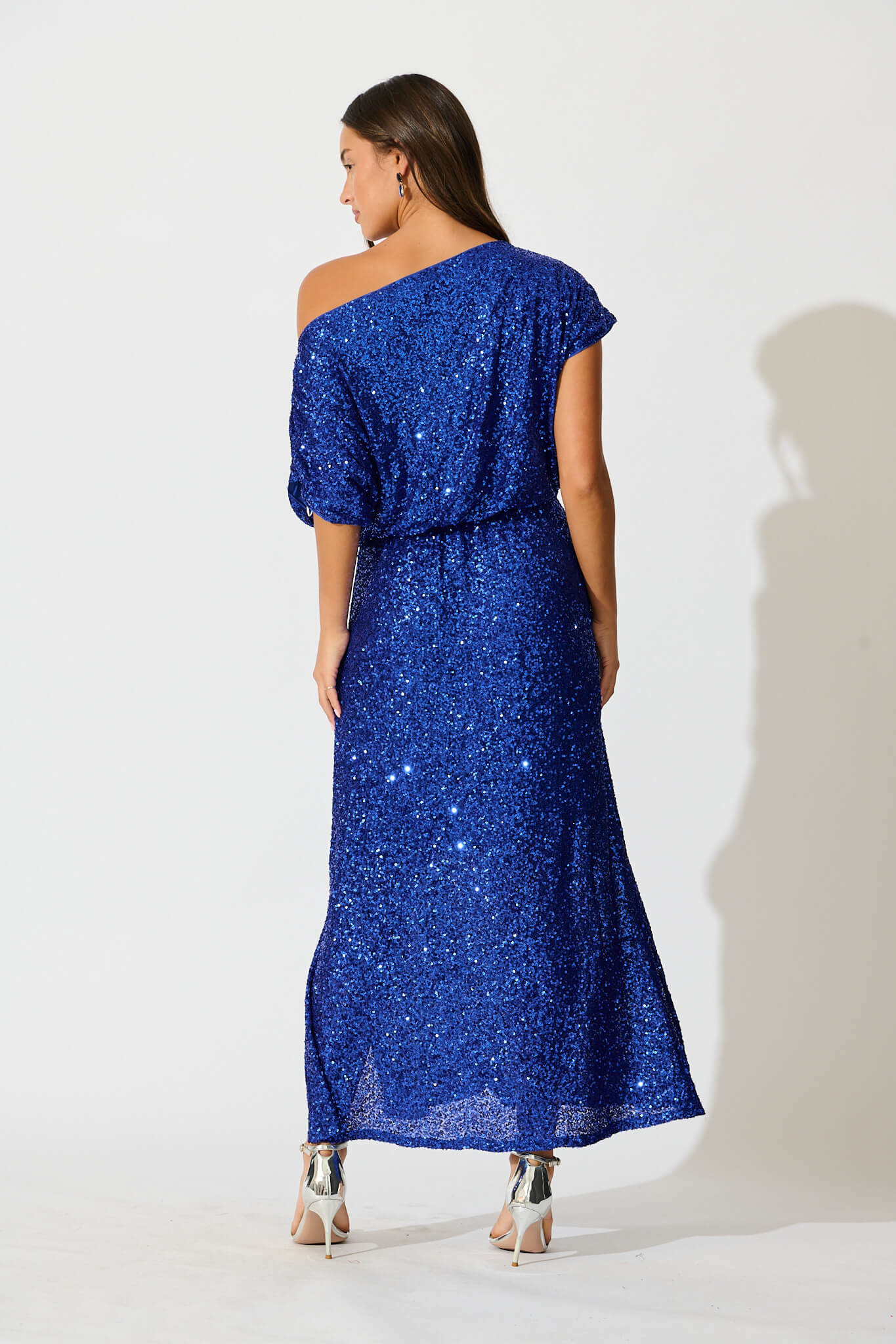 Amiri Off Shoulder Maxi Dress in Cobalt Blue Sequin - Image 7