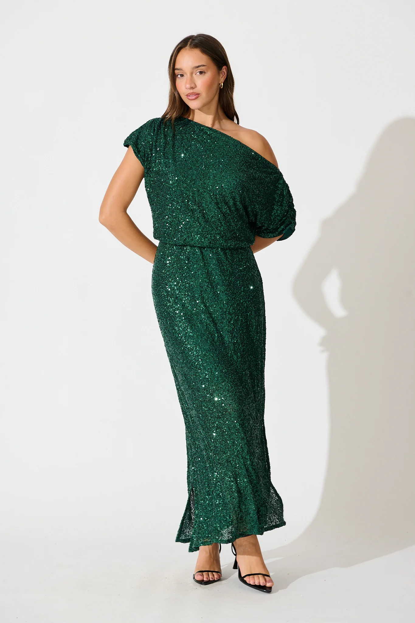 Amiri Off Shoulder Maxi Dress in Emerald Sequin - Image 3