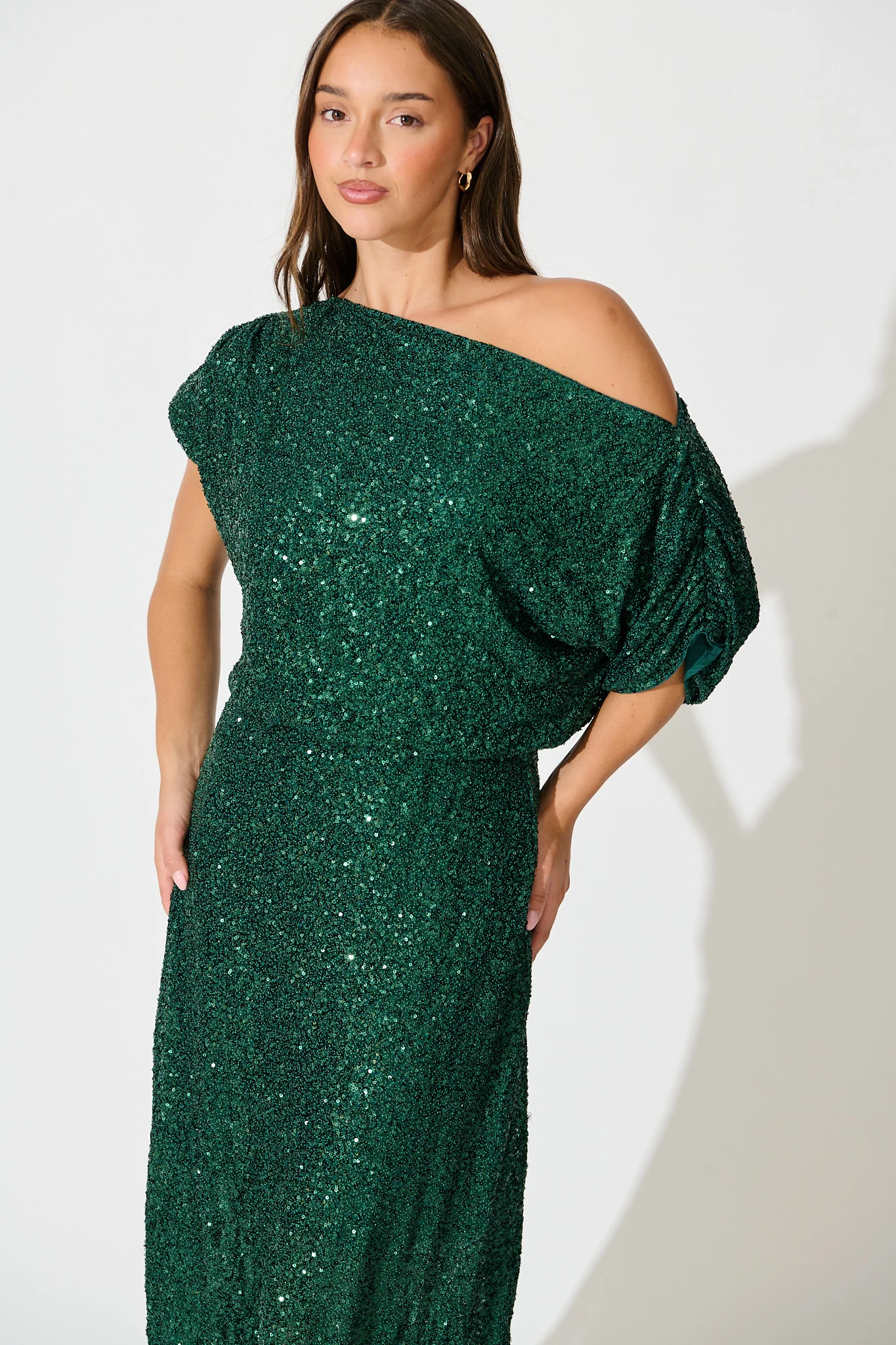 Amiri Off Shoulder Maxi Dress in Emerald Sequin - Image 4