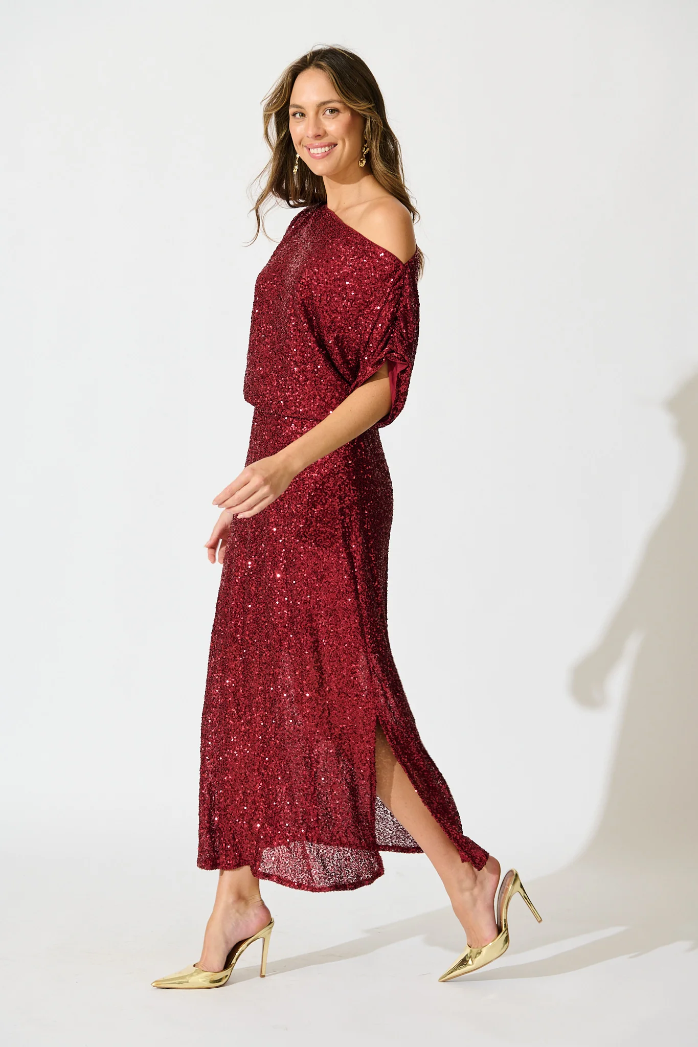 Amiri Off Shoulder Maxi Dress in Wine Sequin - Image 3
