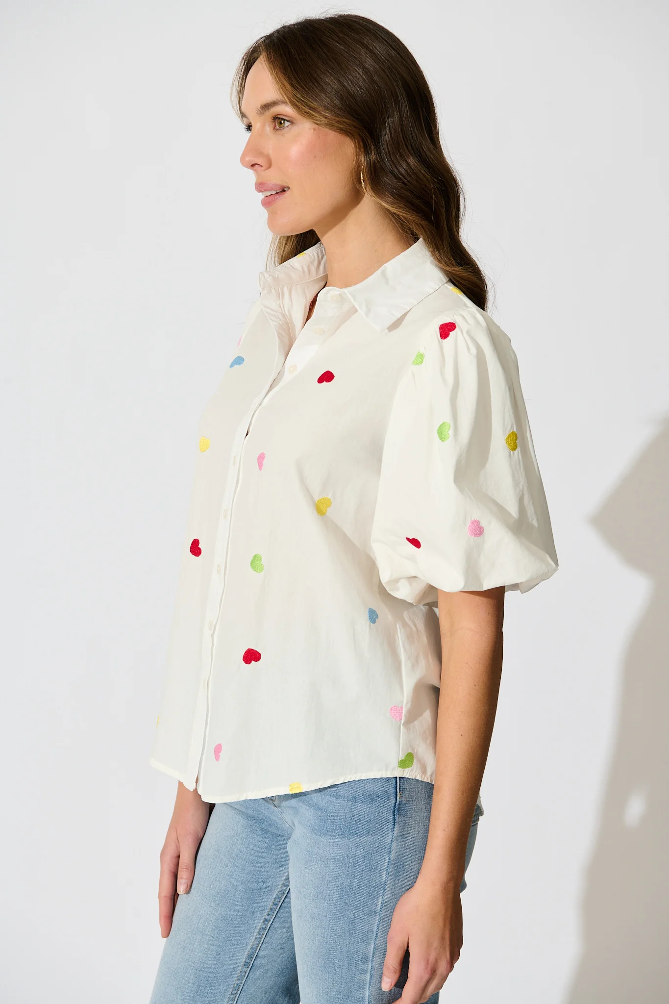 Amore Heart Shirt in White with Multi Heart Embroidered Cotton - Image 2