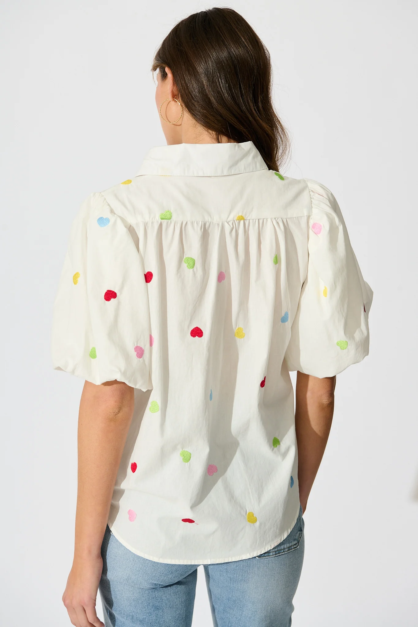 Amore Heart Shirt in White with Multi Heart Embroidered Cotton - Image 3