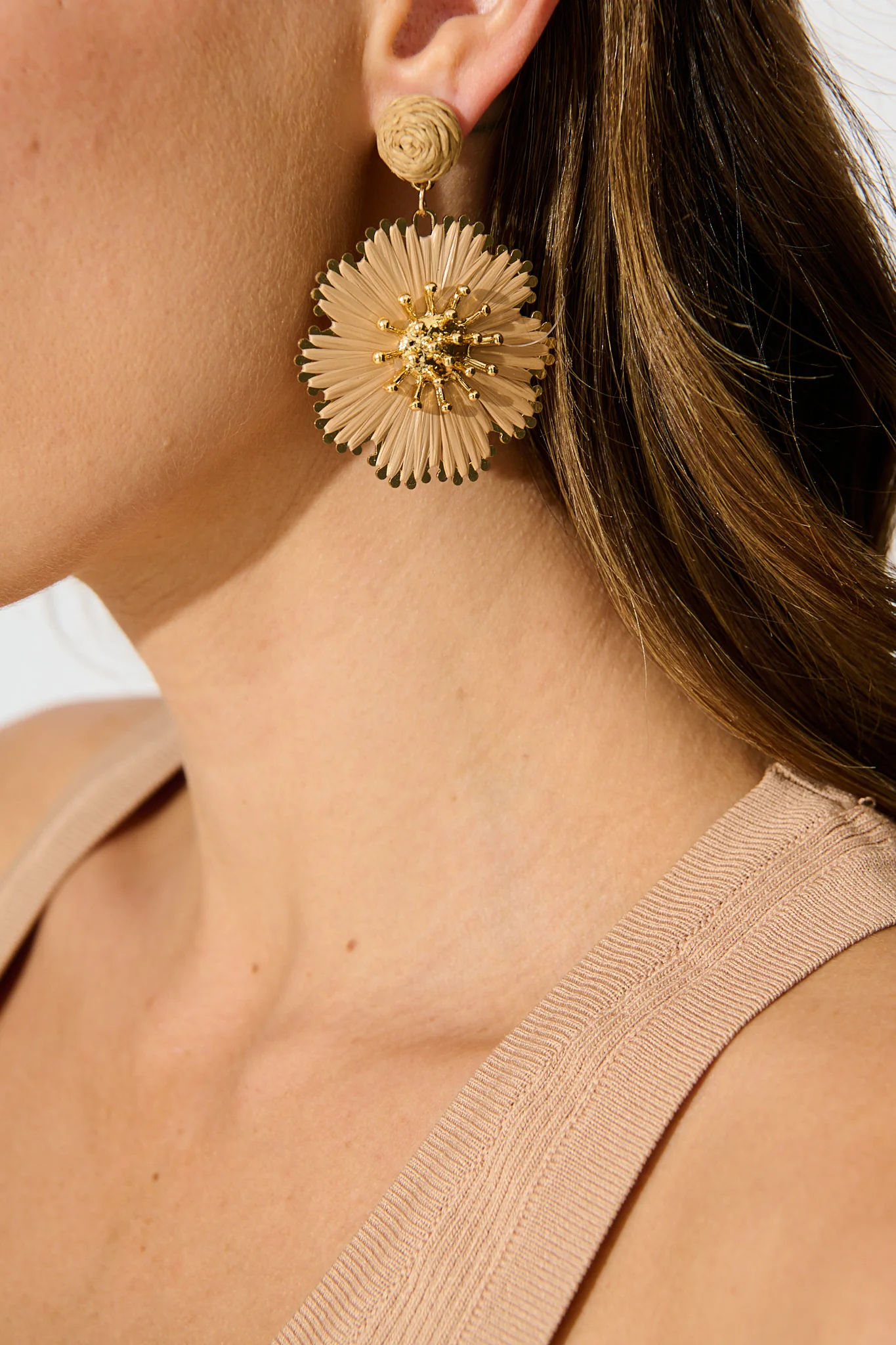 Anais Drop Earrings in Blush Raffia with Gold Accent
