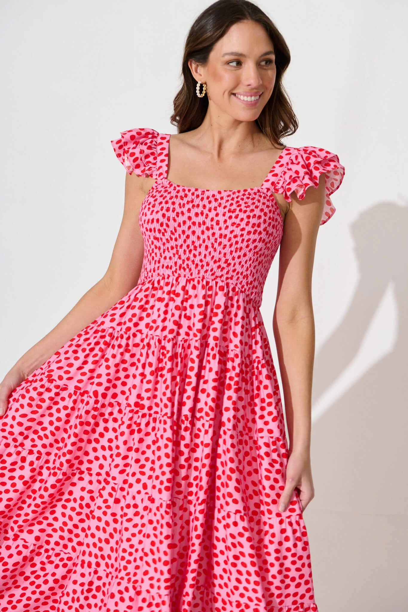 Anastasia Midi Dress In Pink With Red Speckle - Image 2