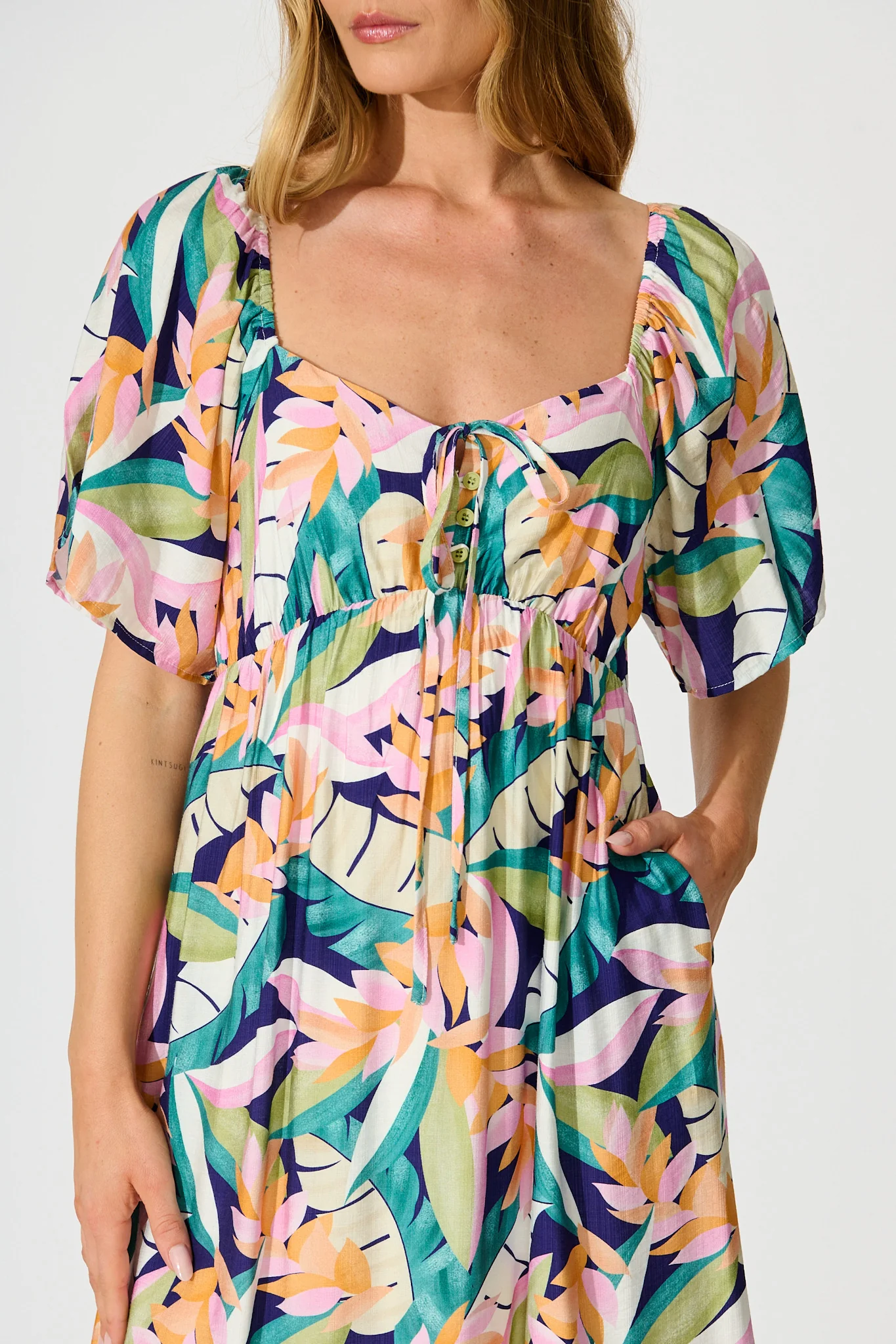 Anemone Midi Dress in Multi Leaf Print - Image 6
