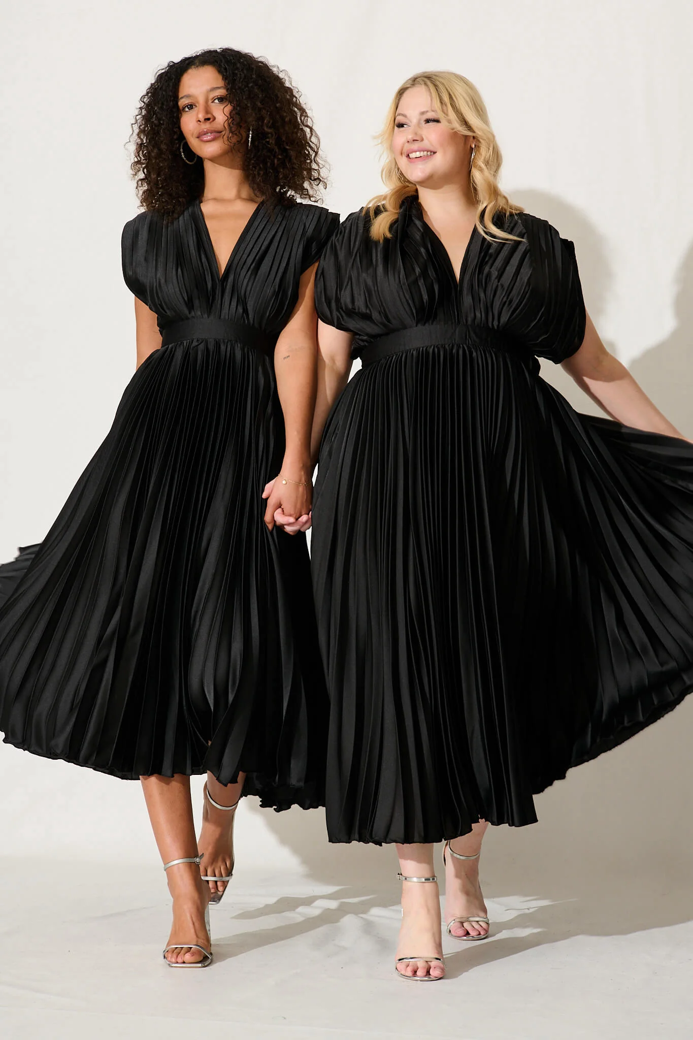 Anetta Midi Dress In Pleated Black Satin - Image 7
