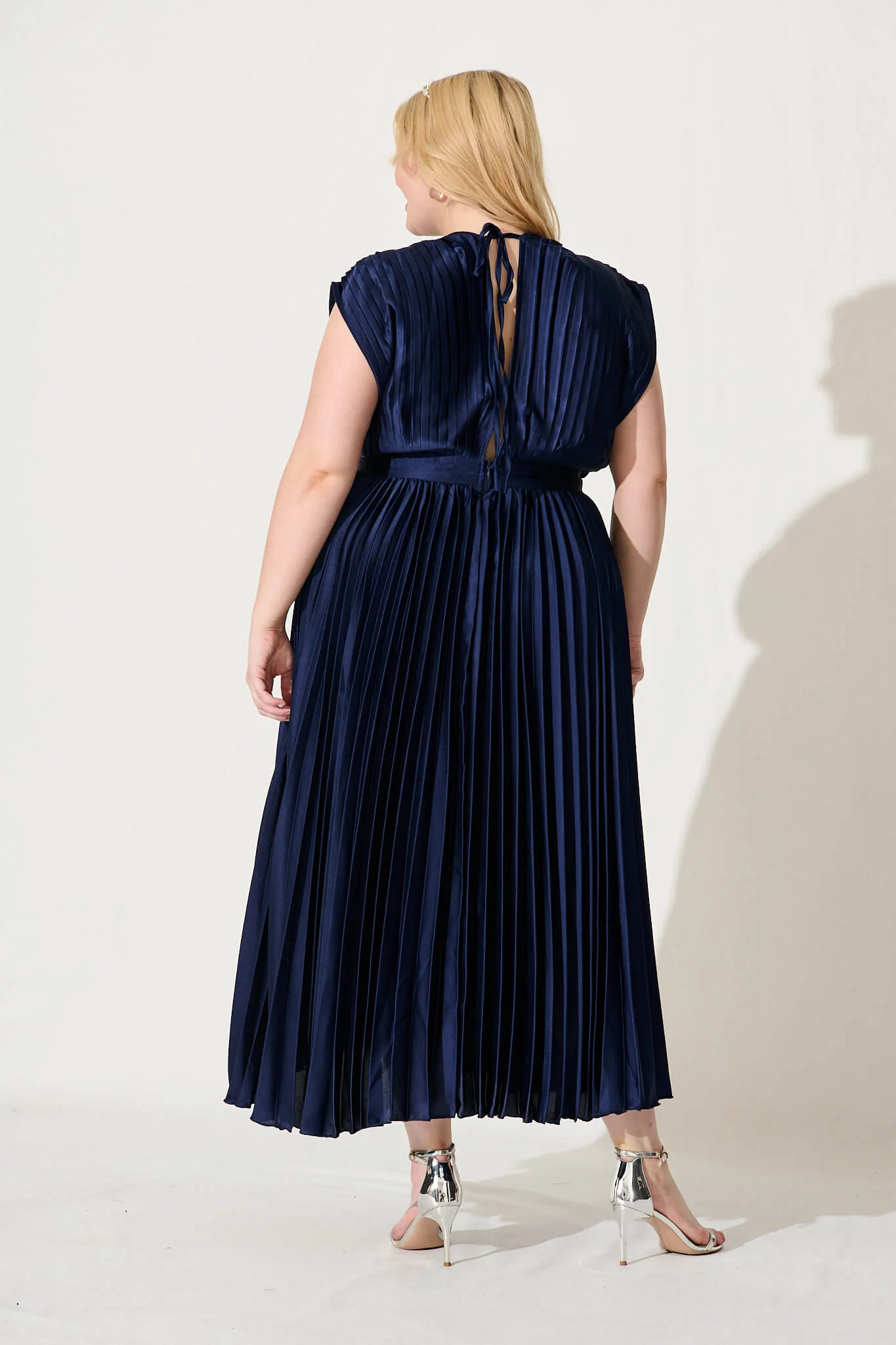 Anetta Midi Dress In Pleated Navy Satin - Image 8