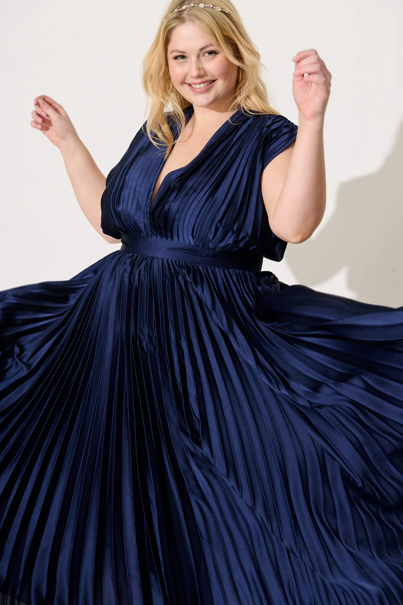 Anetta Midi Dress In Pleated Navy Satin - Image 9