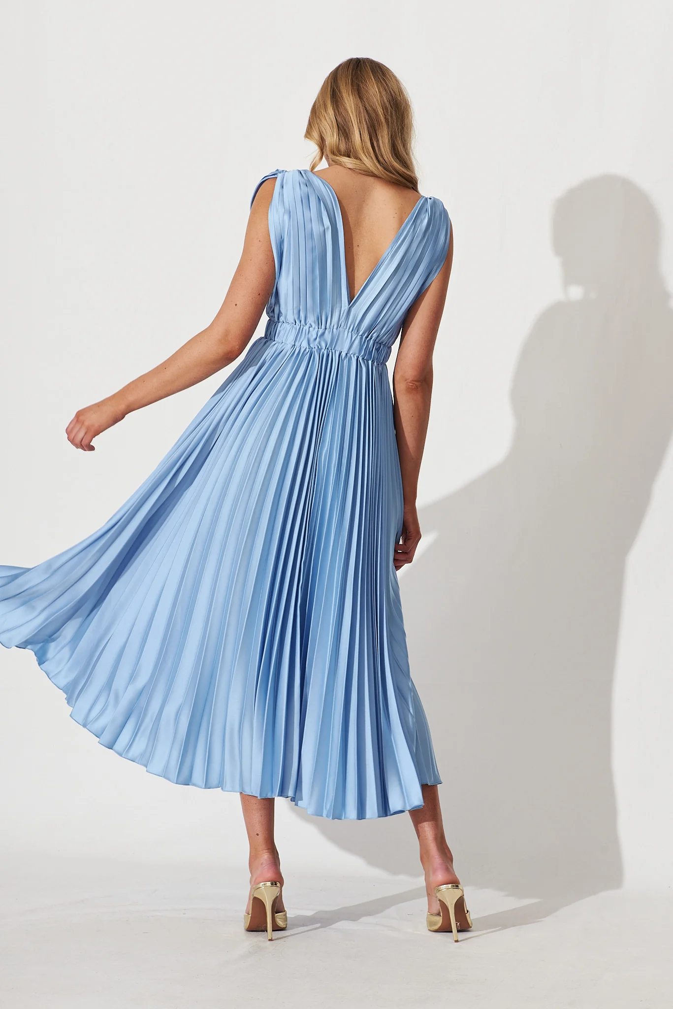 Anette Midi Dress In Pleated Pale Blue Satin - Image 4