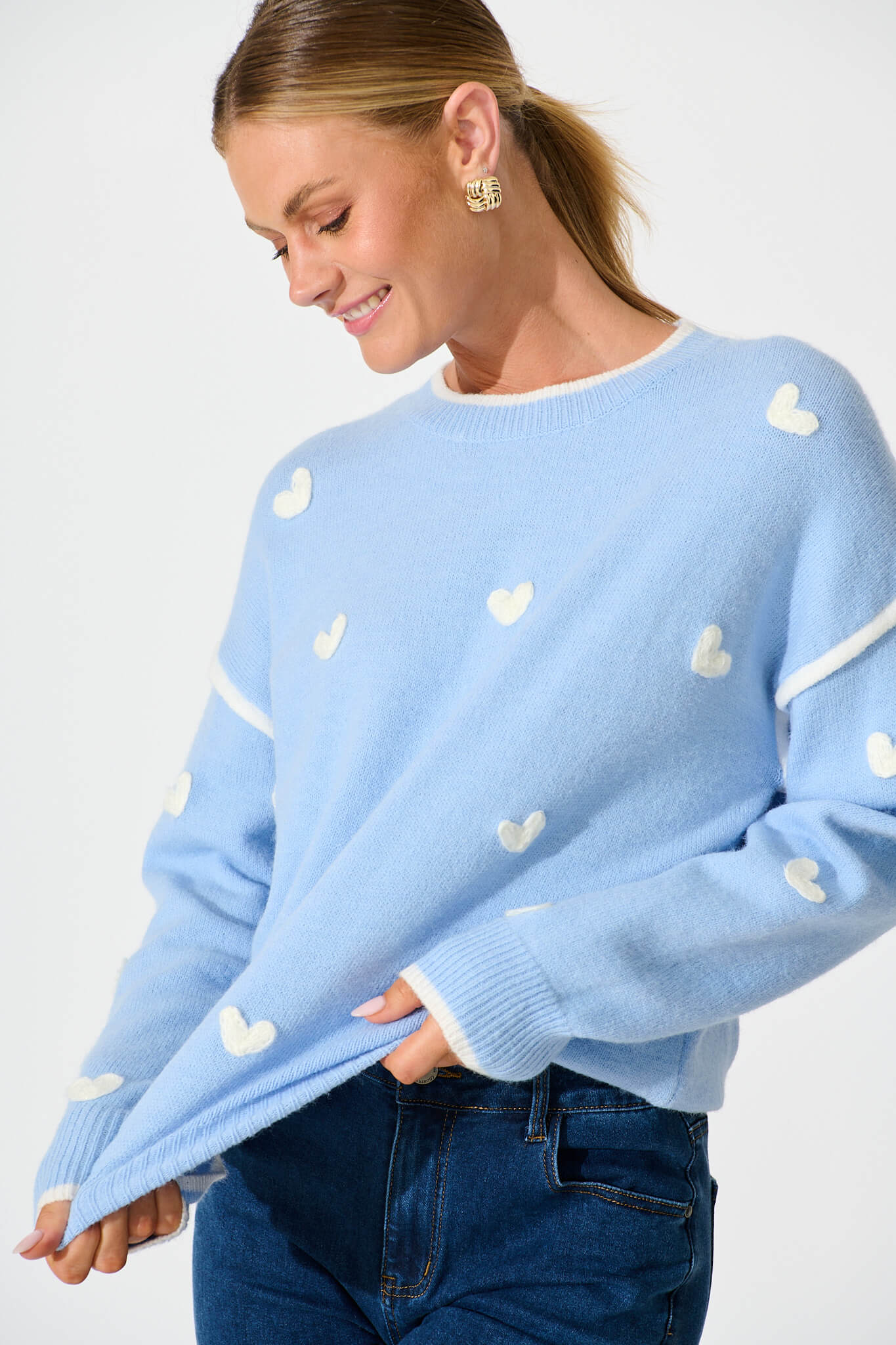 Angie Knit in Pale Blue with Cream Heart Wool Blend - Image 9