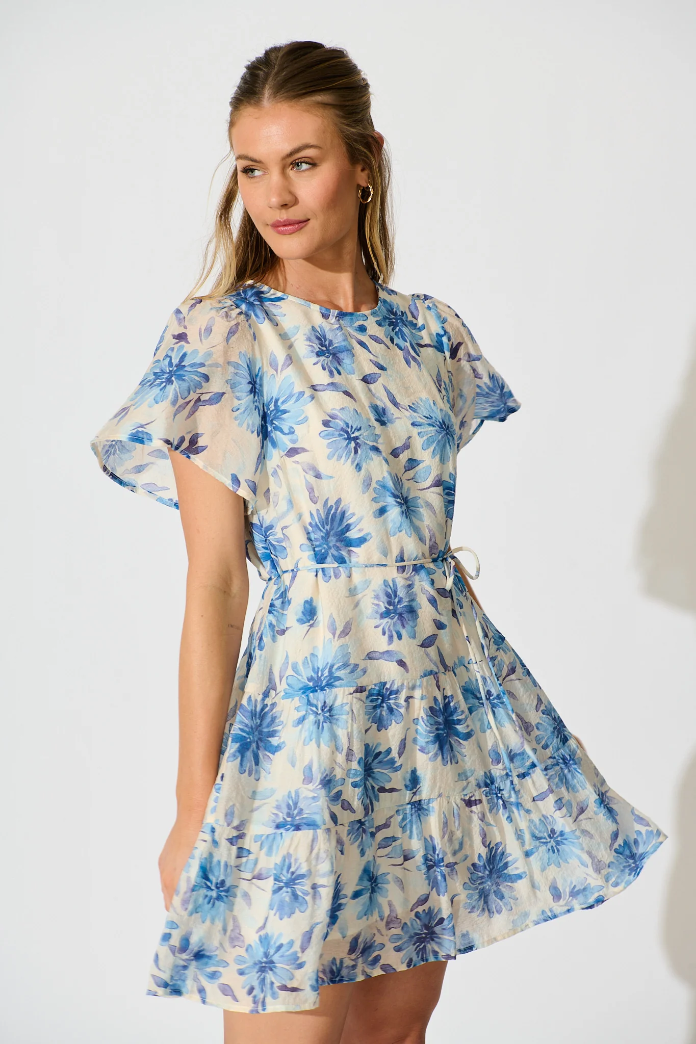 Anja Dress in Cream with Blue Floral - Image 2