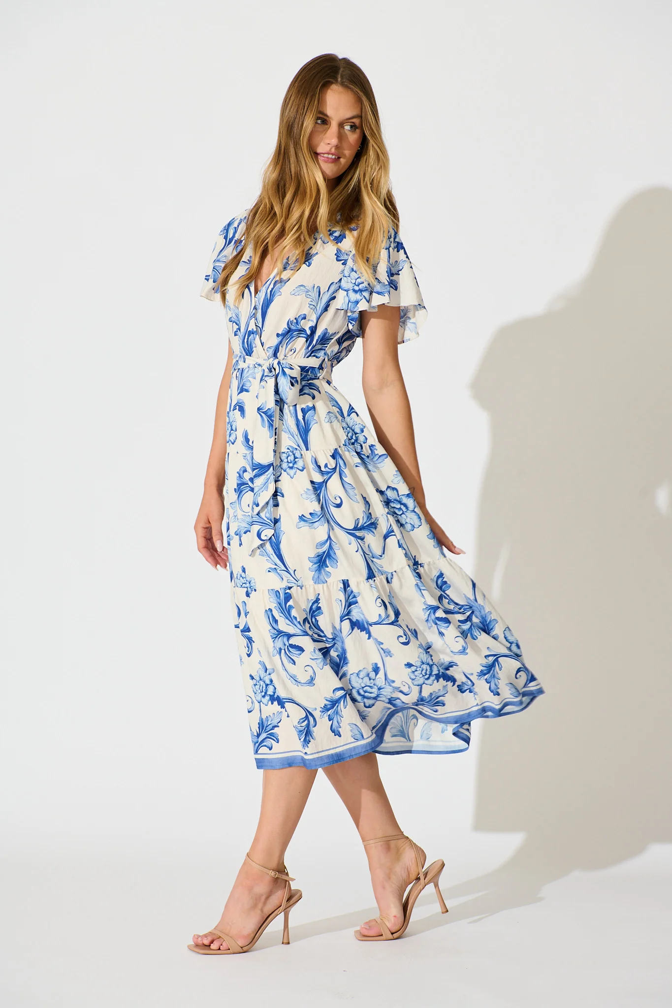 Annalyse Midi Dress in White with Blue Floral - Image 3