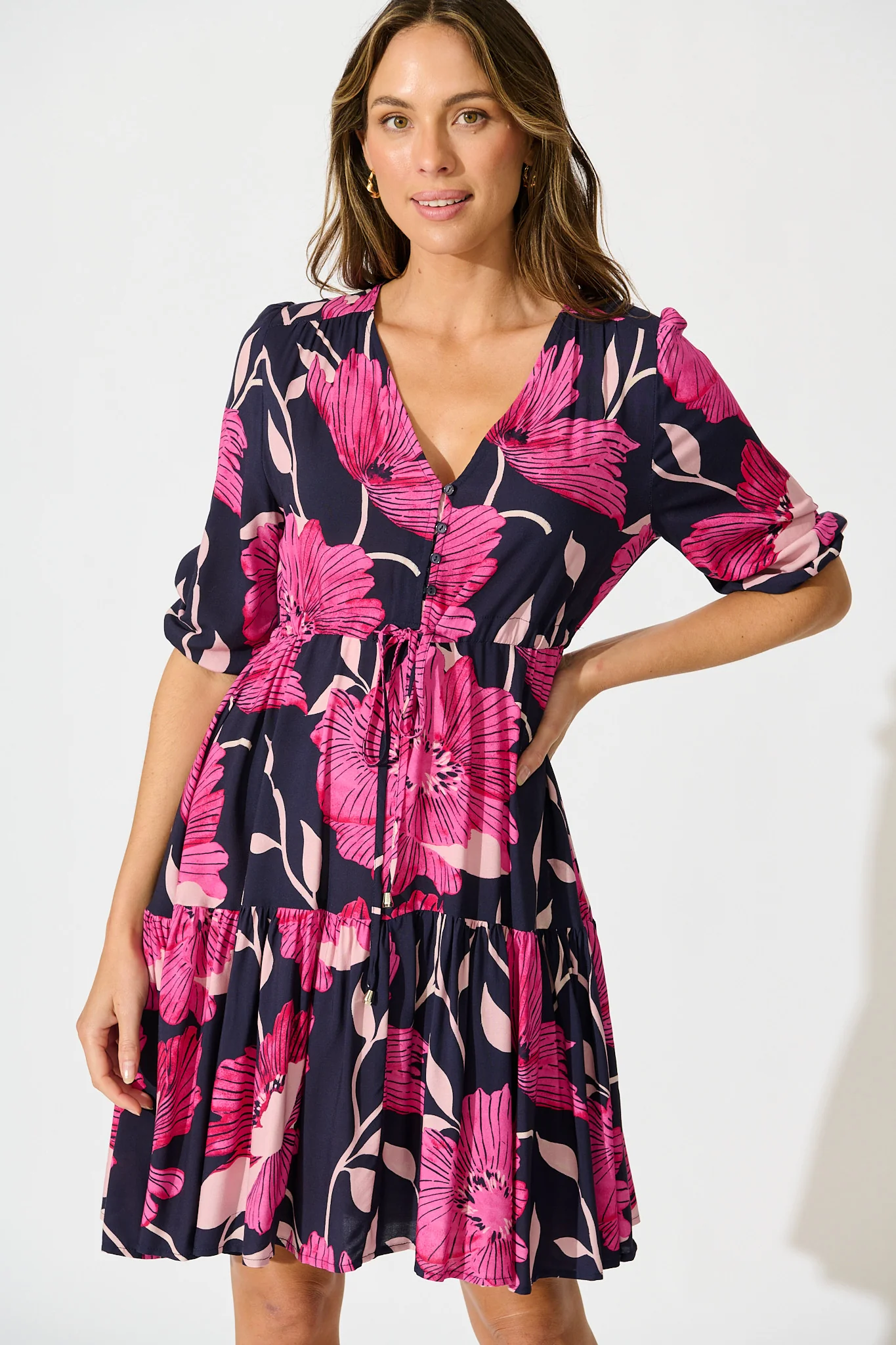 Apollo Dress in Navy with Pink Floral - Image 2