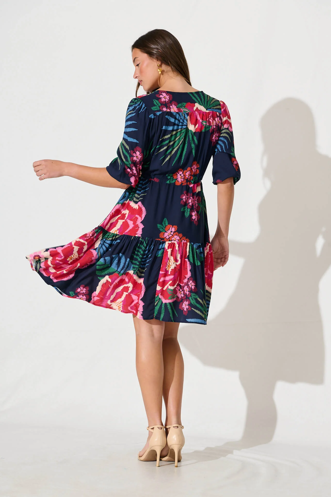 Apollo Dress In Navy With Red Floral Print - Image 4