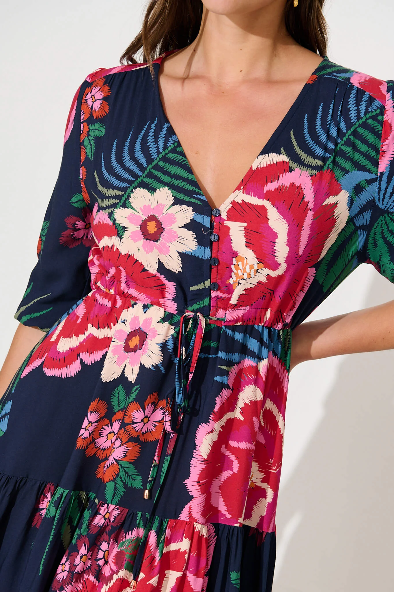 Apollo Dress In Navy With Red Floral Print - Image 5