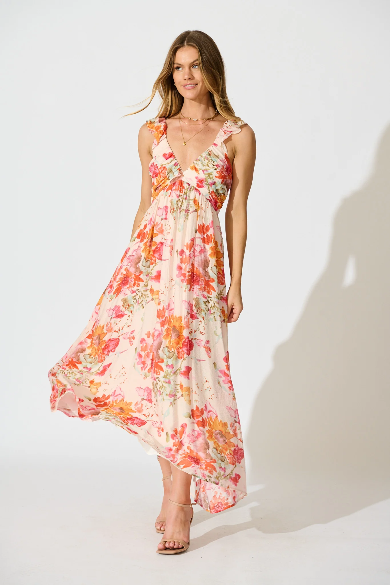 Apryl Maxi Dress in Blush with Tangerine Floral