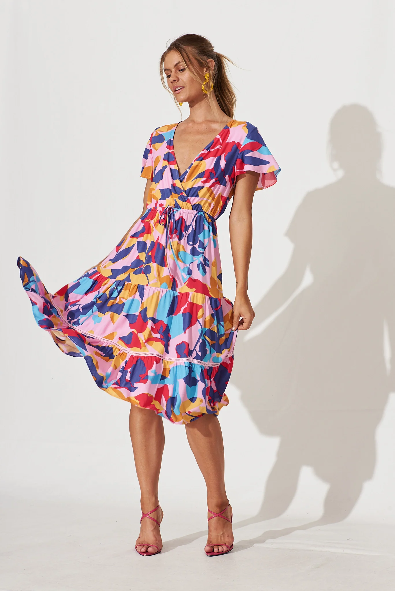 Aquarius Midi Dress In Bright Multi Leaf Print