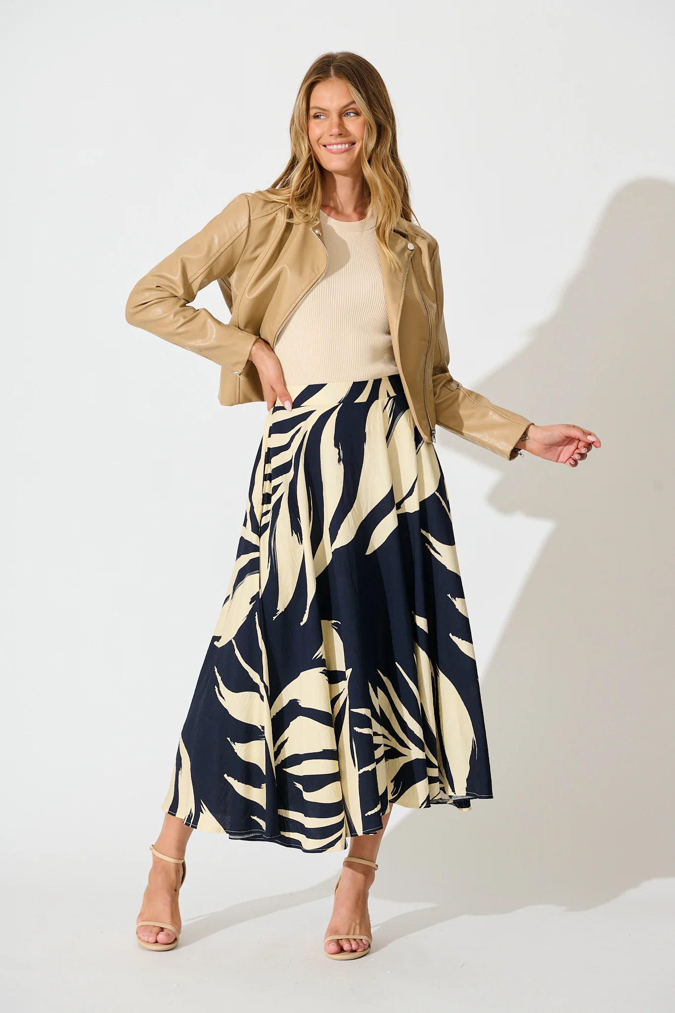 Aria Midi Skirt in Navy and Cream Leaf Print - Image 4