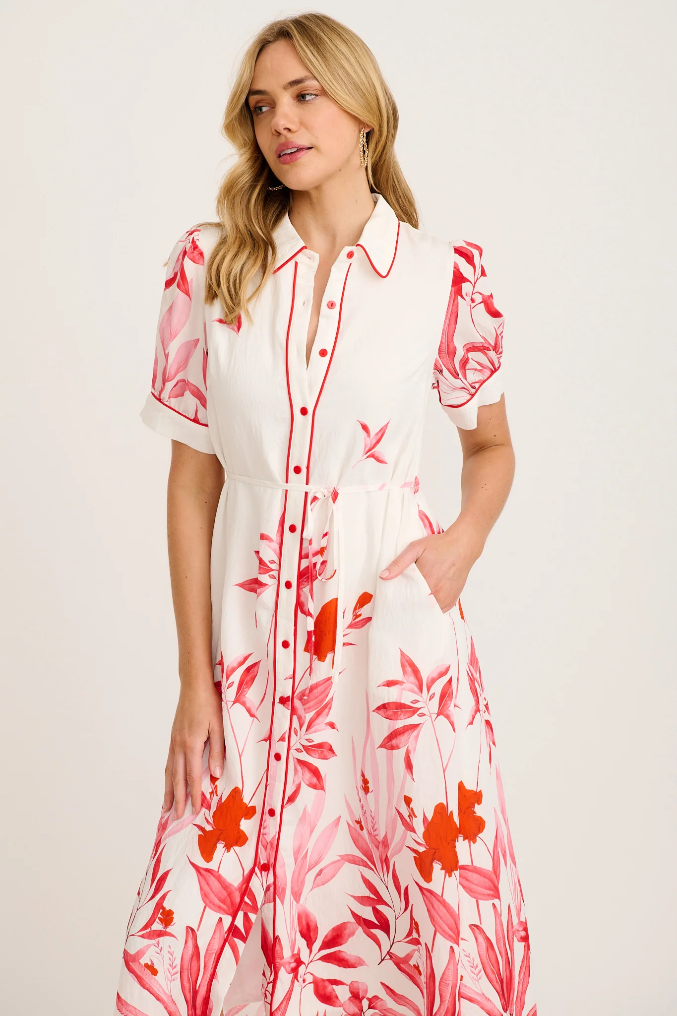 Arla Midi Shirt Dress in White with Pink and Red Leaf - Image 2