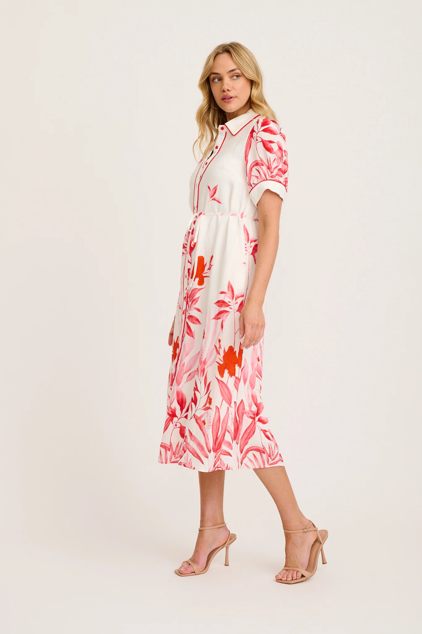 Arla Midi Shirt Dress in White with Pink and Red Leaf - Image 3