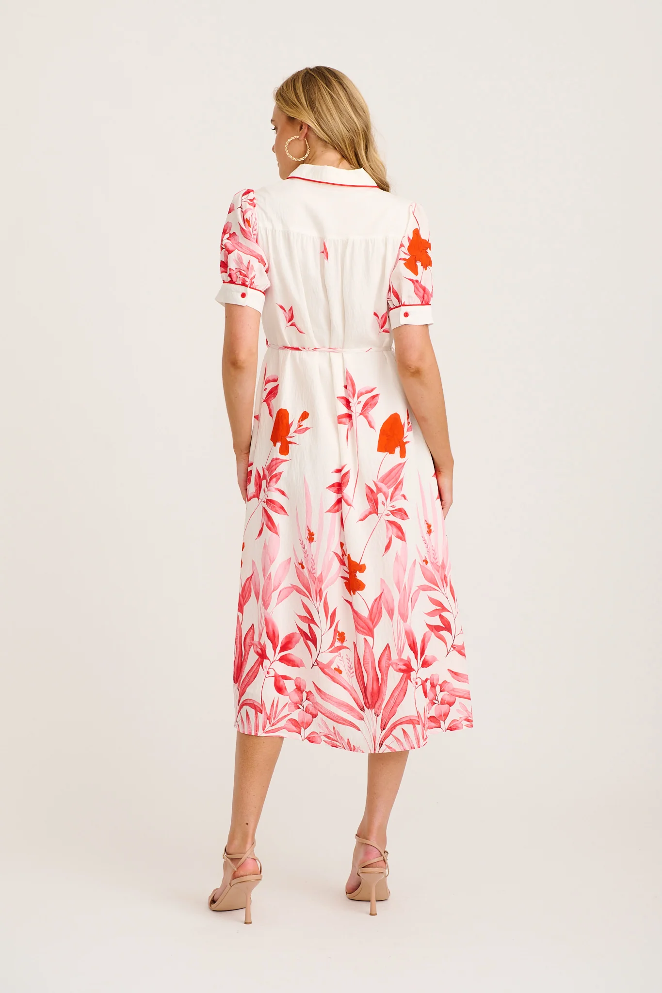 Arla Midi Shirt Dress in White with Pink and Red Leaf - Image 4
