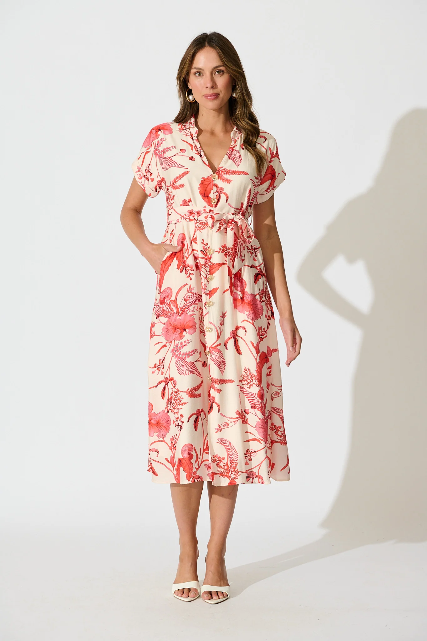 Arles Midi Dress in Cream with Coral Floral