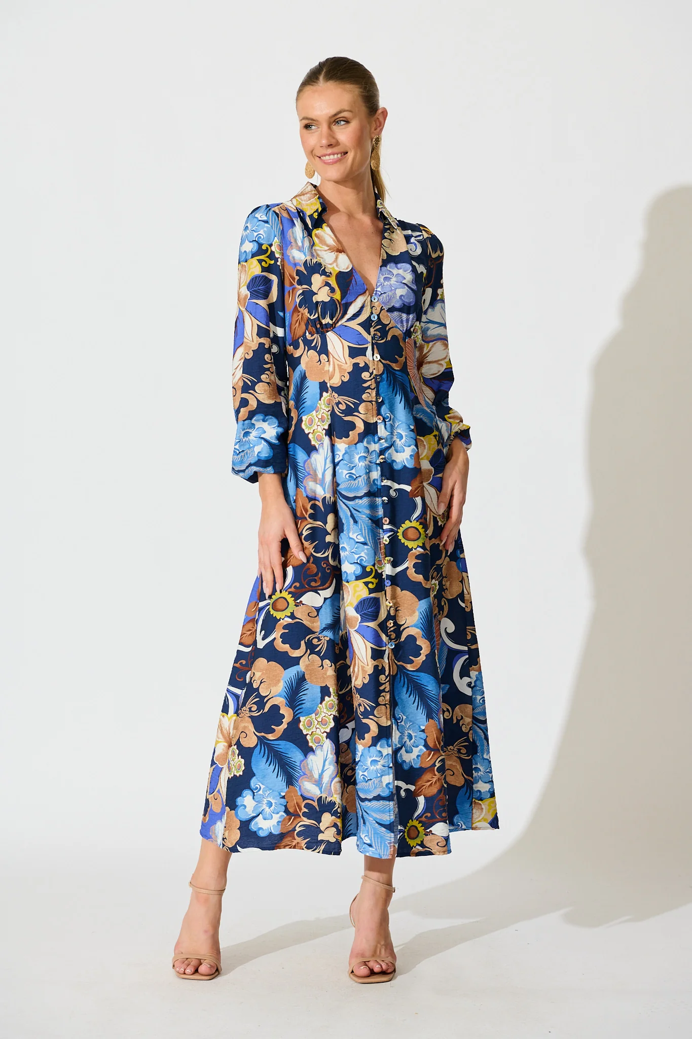 Armina Maxi Shirt Dress in Navy with Multi Floral