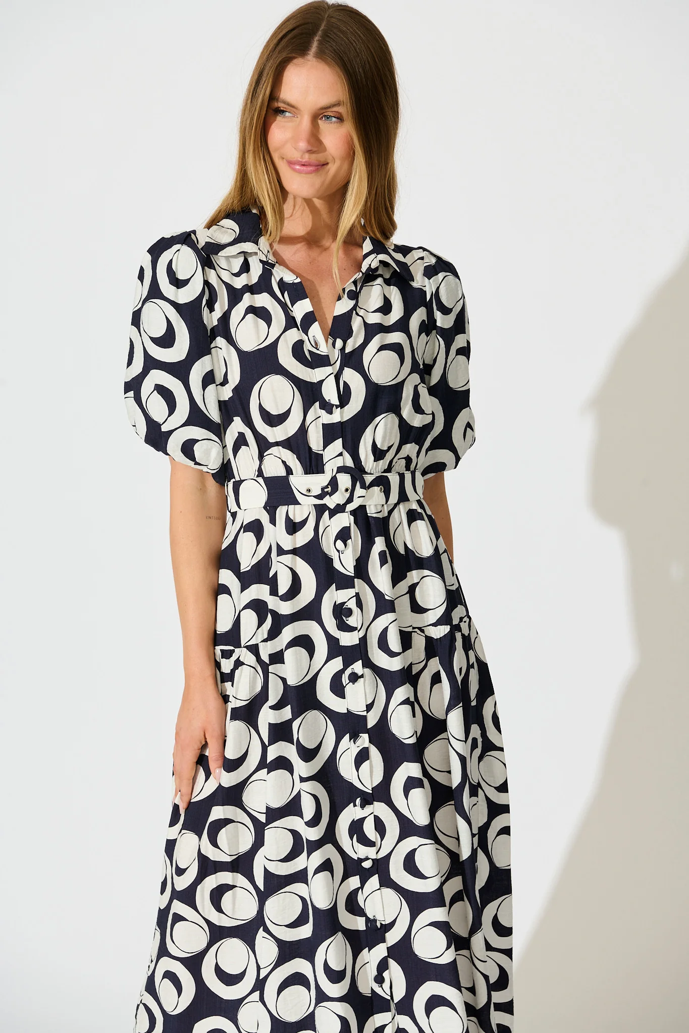 Asazie Midi Shirt Dress in Navy with White Print - Image 2