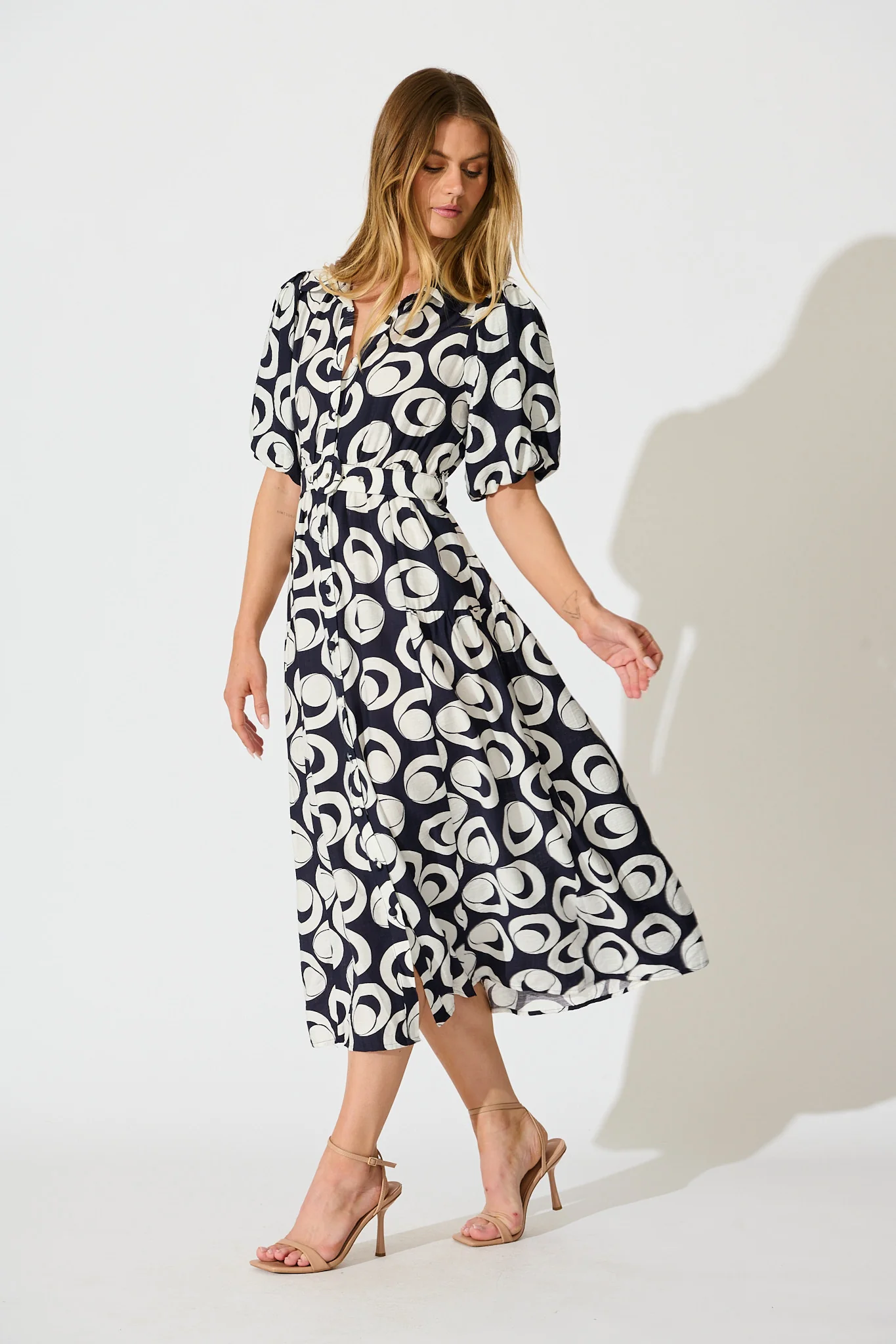 Asazie Midi Shirt Dress in Navy with White Print - Image 3