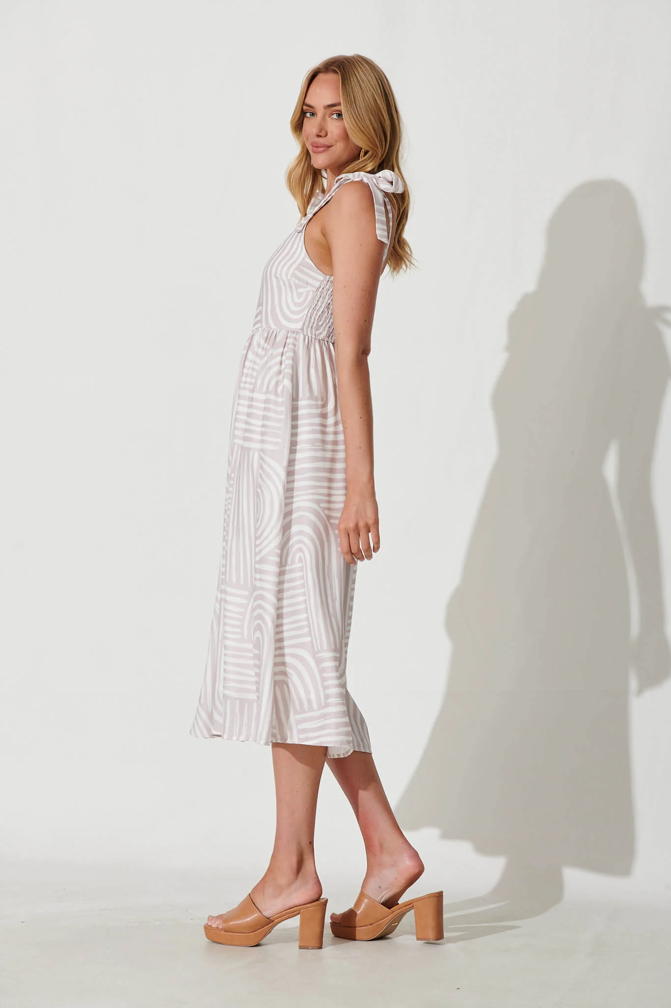 Asha Midi Sundress In Beige Swirl Print Linen Blend - Image 3