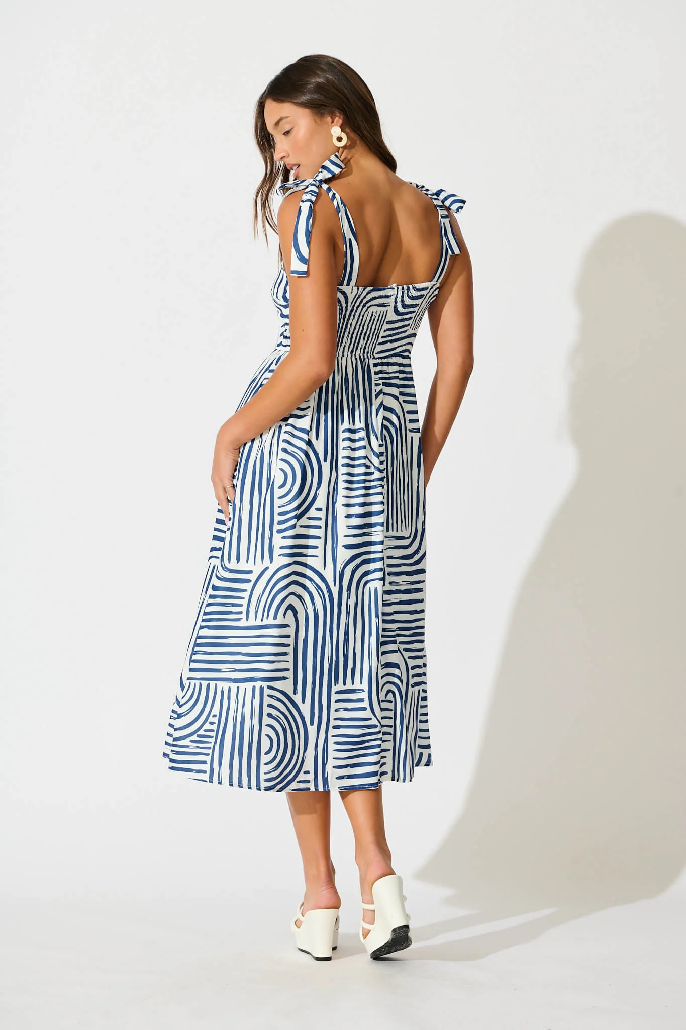 Asha Midi Sundress In Navy Swirl Print Linen Blend - Image 3