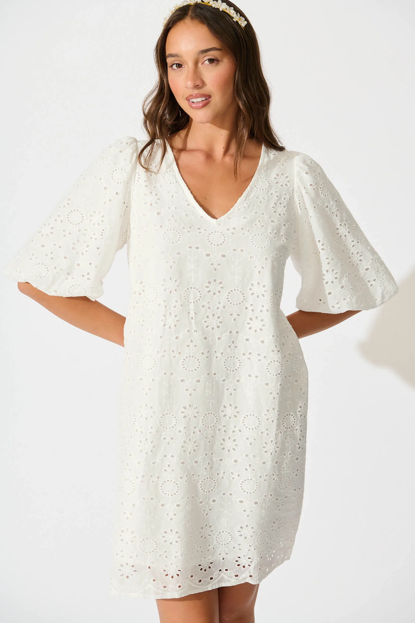 Ashlynn Dress in White Broderie Cotton - Image 2