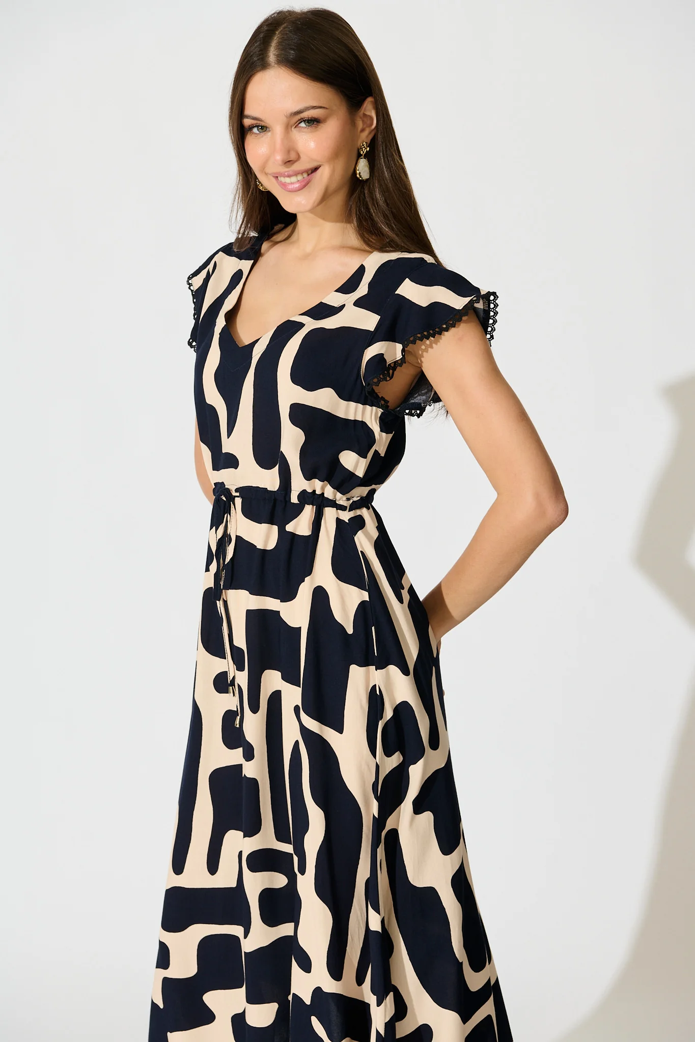 Atana Midi Dress in Black and Beige Geometric Print - Image 2