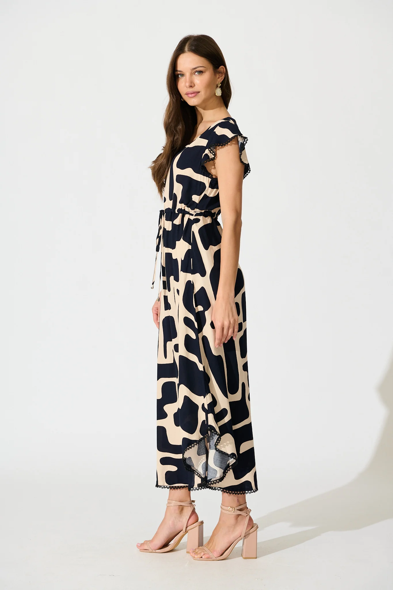 Atana Midi Dress in Black and Beige Geometric Print - Image 3