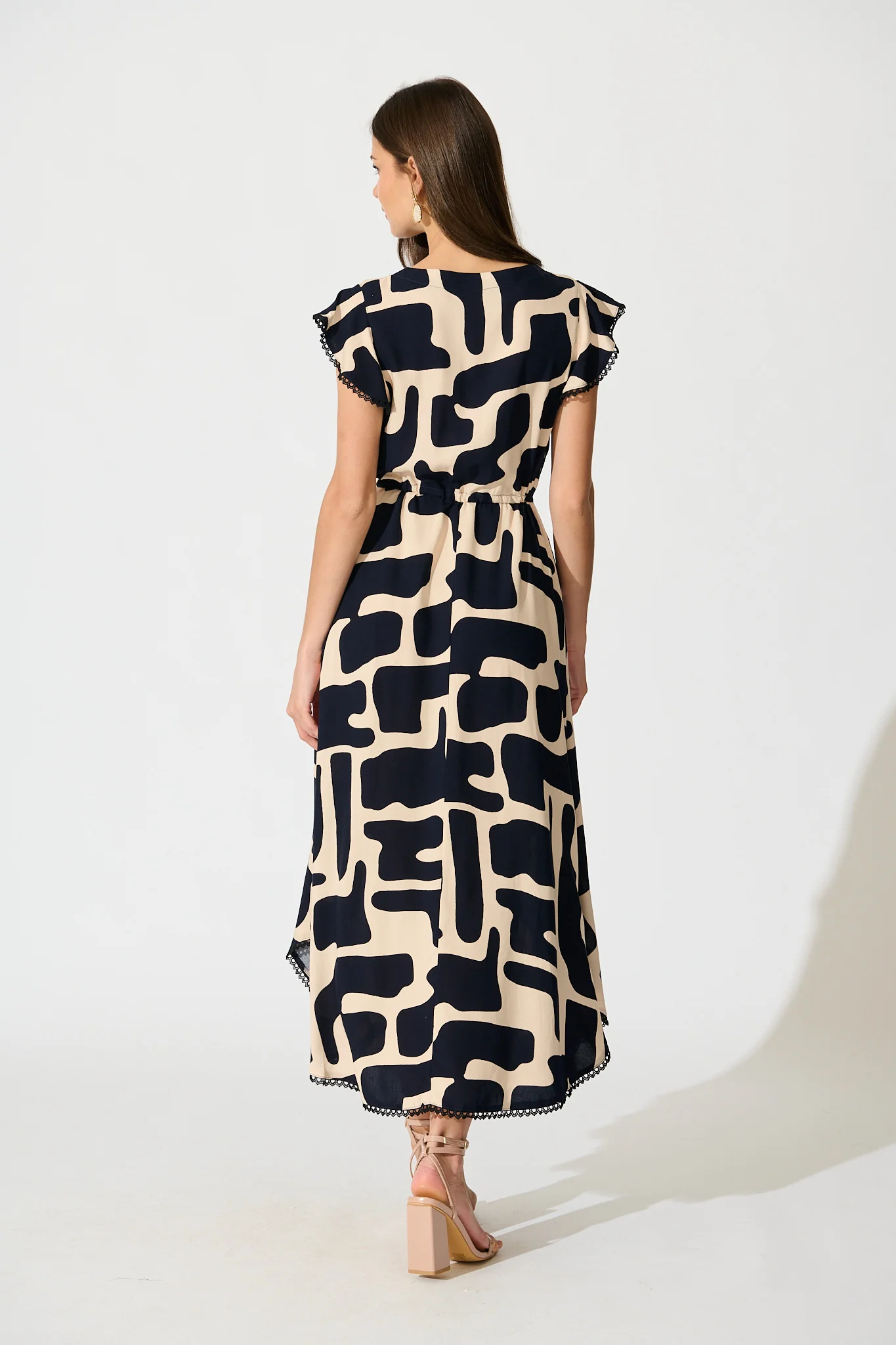 Atana Midi Dress in Black and Beige Geometric Print - Image 4