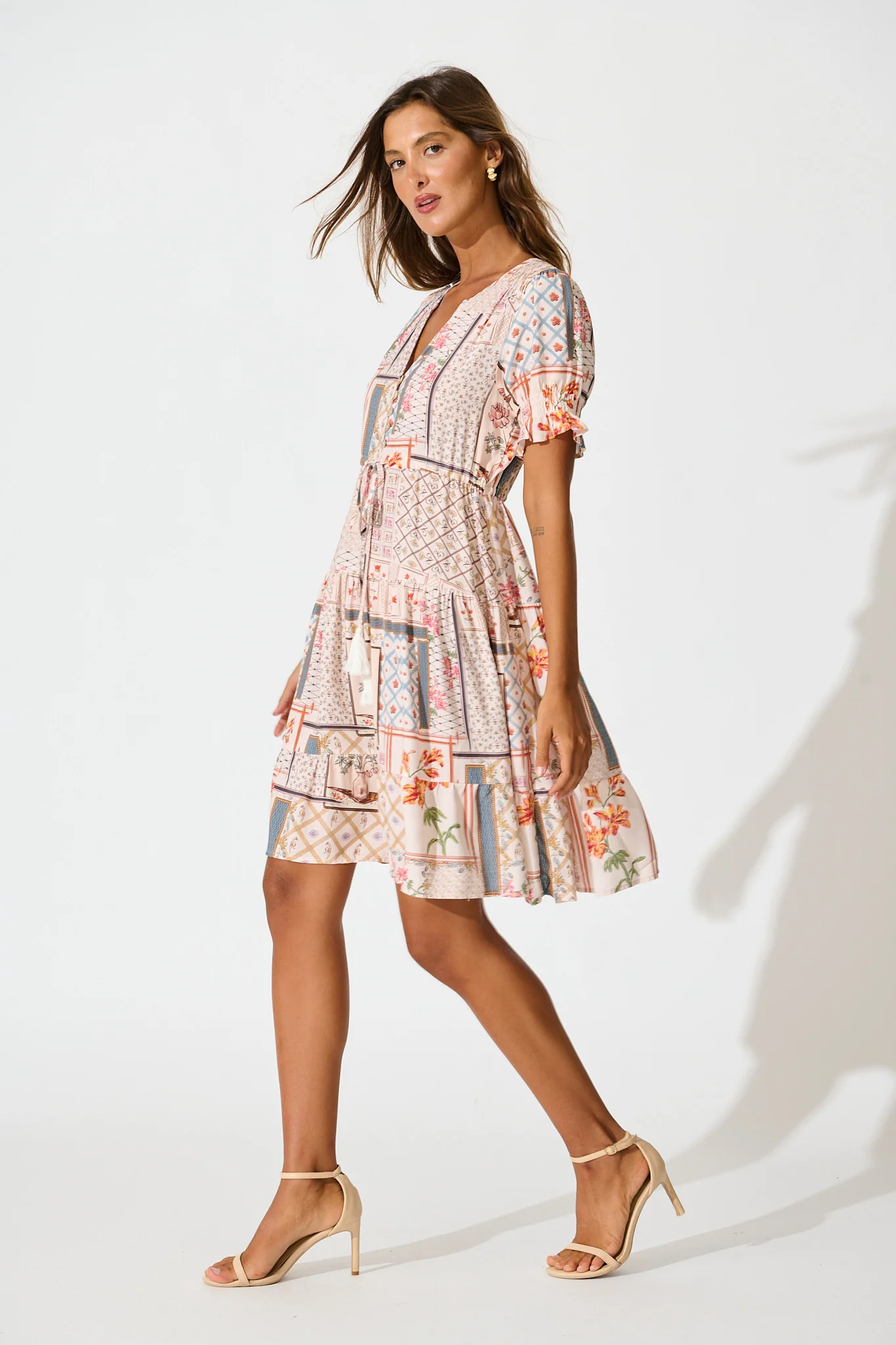 Aura Dress in Beige Multi Patchwork Print - Image 3