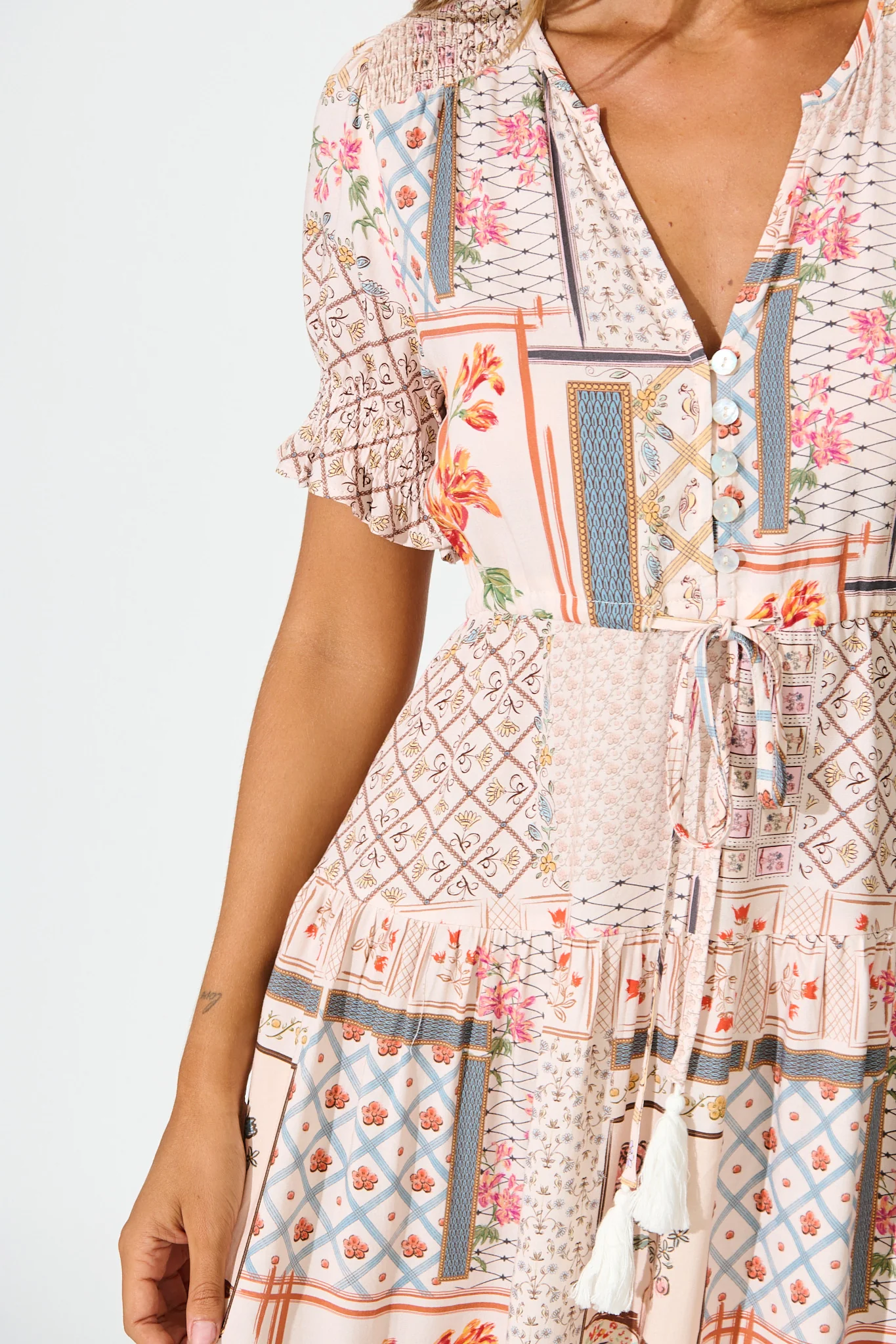 Aura Dress in Beige Multi Patchwork Print - Image 5