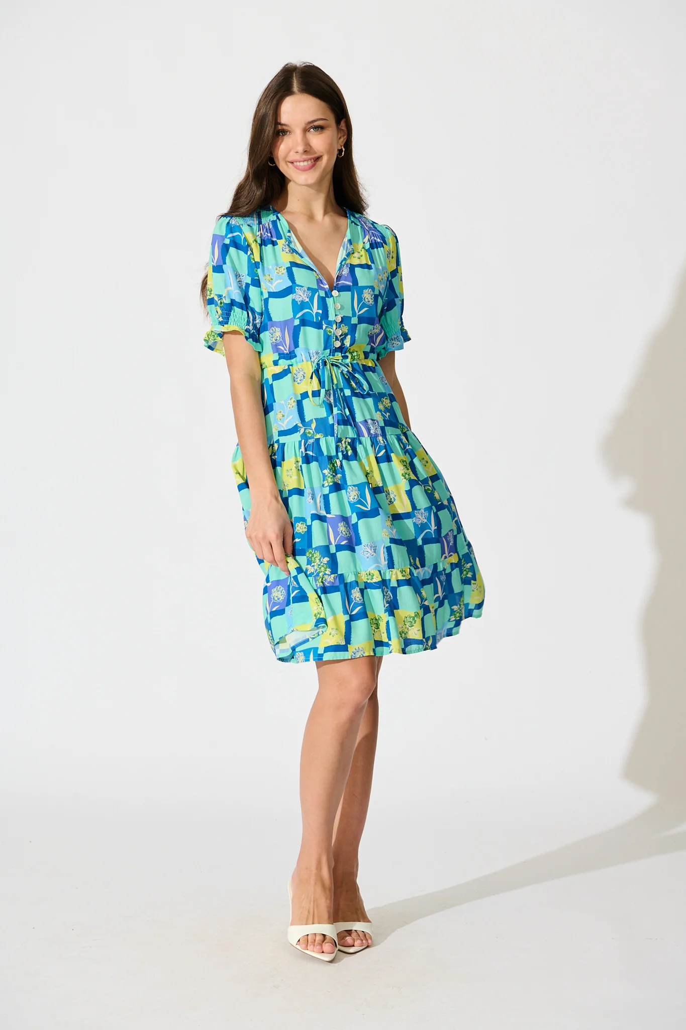 Aura Dress in Multi Blue Tile Print