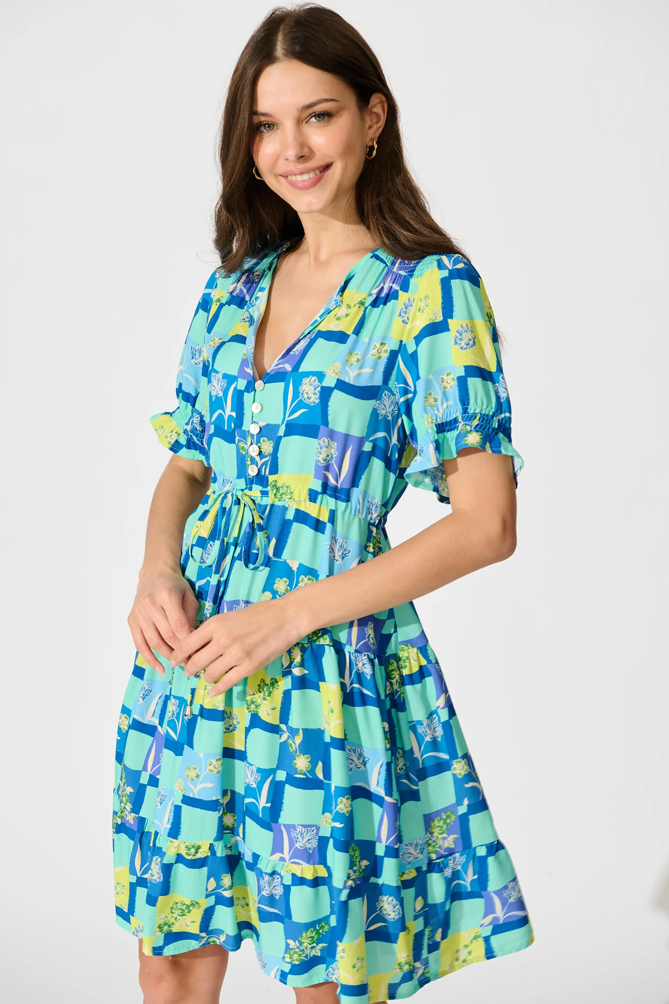 Aura Dress in Multi Blue Tile Print - Image 2