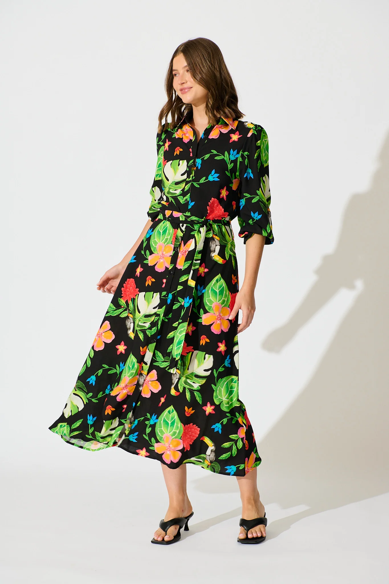 Aurelina Maxi Shirt Dress in Black Multi Print