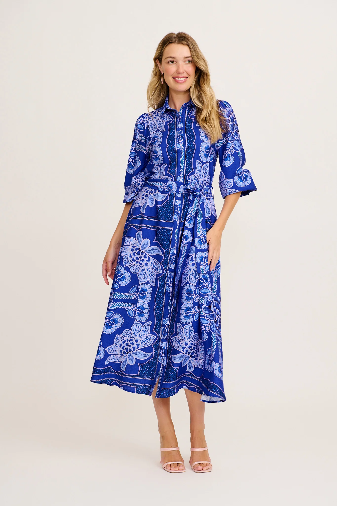 Aurelina Maxi Shirt Dress in Blue Floral Print Linen Blend
