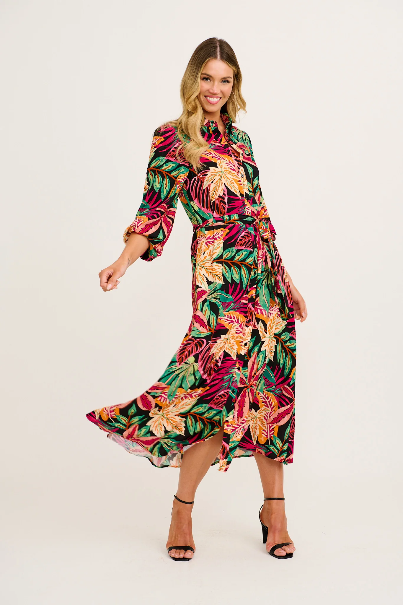 Aurelina Maxi Shirt Dress in Purple Multi Leaf Print