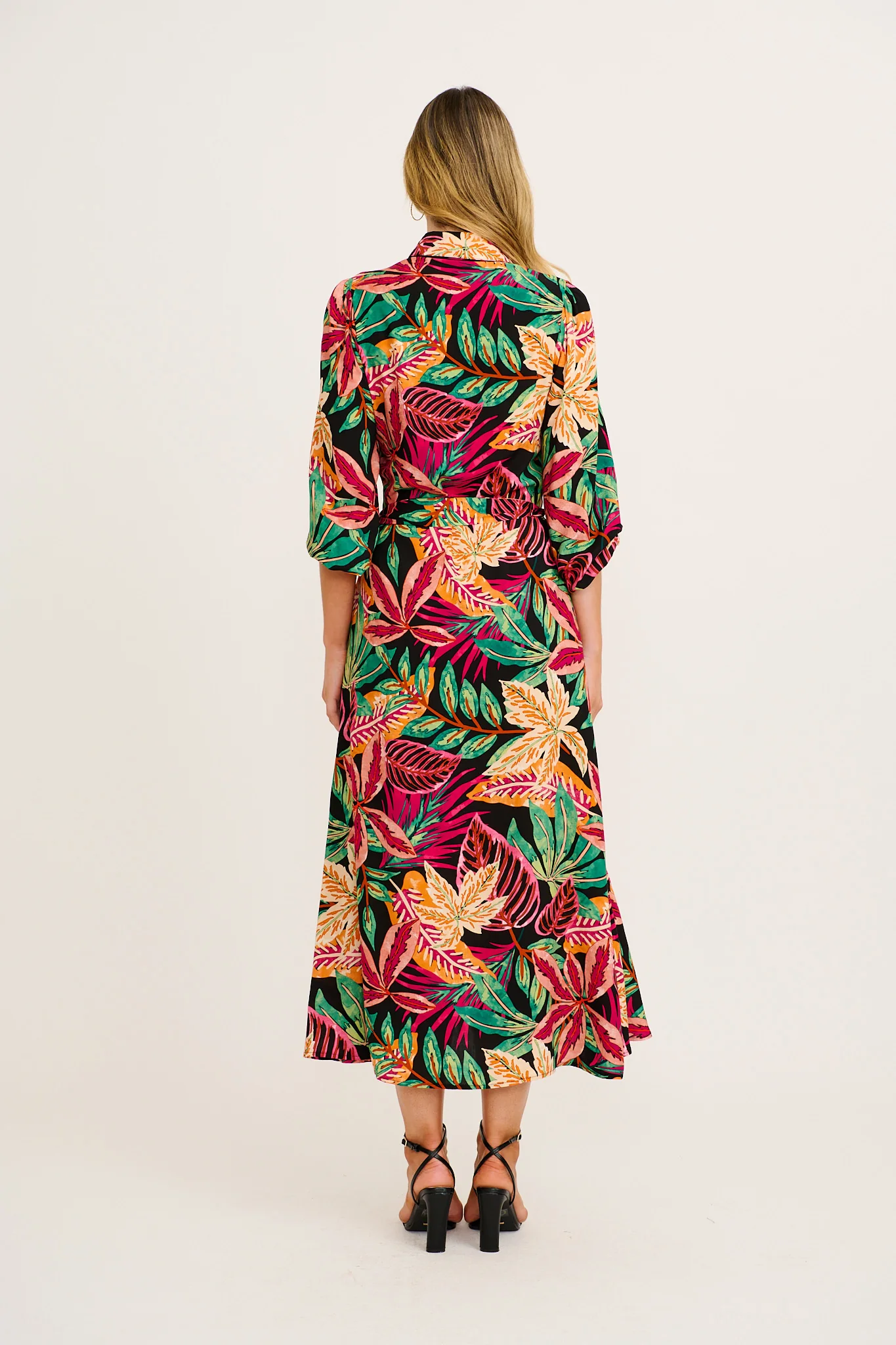 Aurelina Maxi Shirt Dress in Purple Multi Leaf Print - Image 4