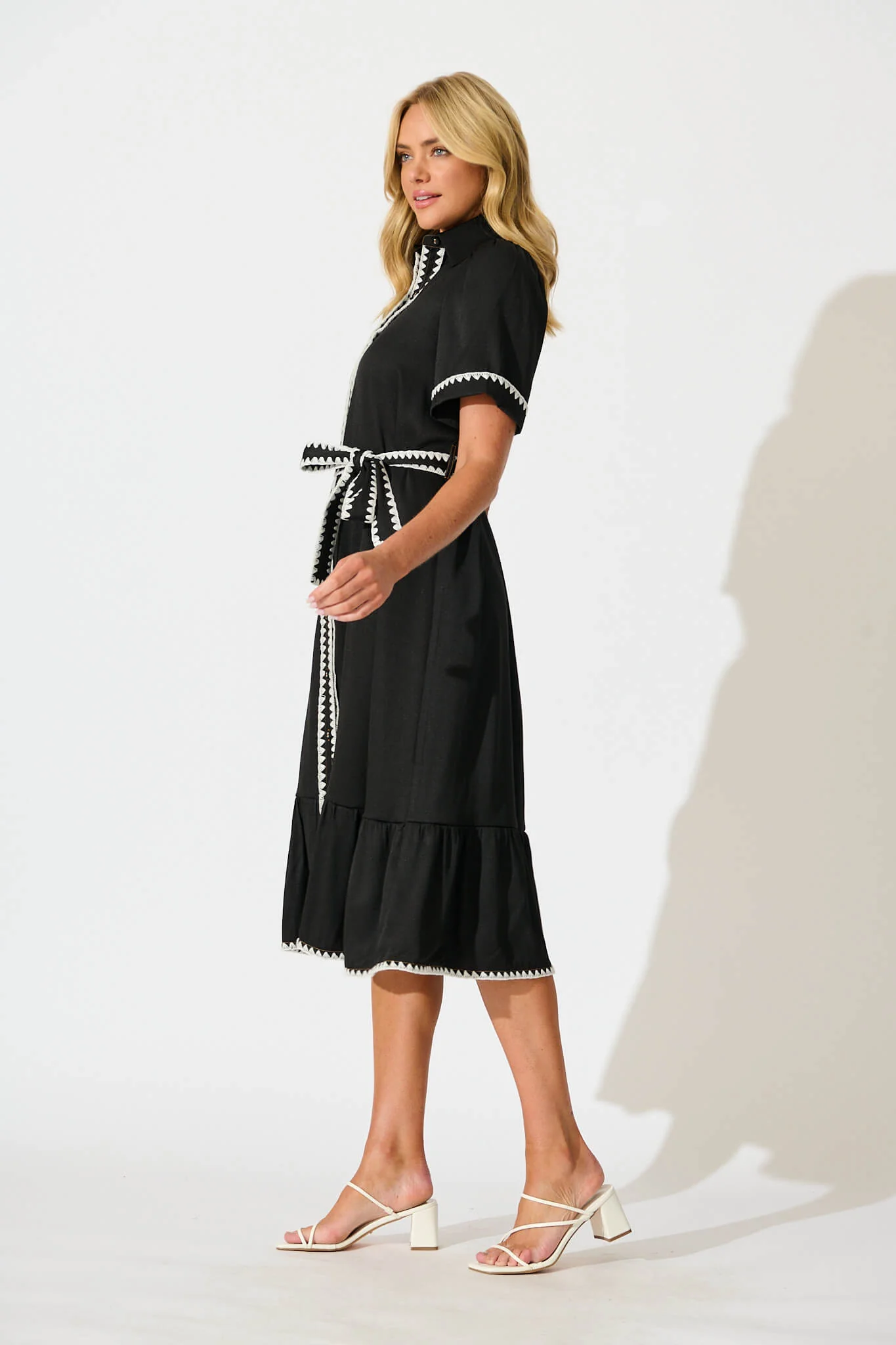 Aurora Midi Shirt Dress In Black With White Contrast Stitch - Image 3