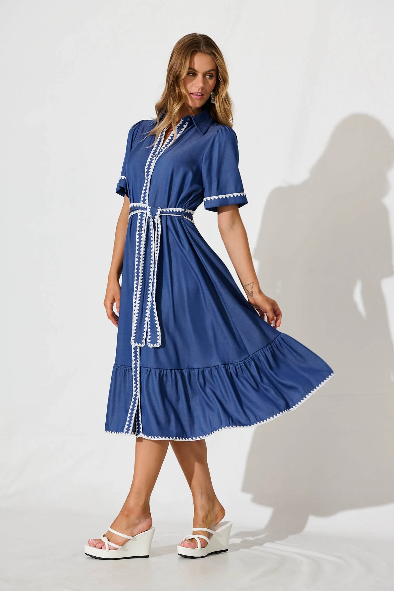 Aurora Midi Shirt Dress In Blue With White Contrast Stitch - Image 3