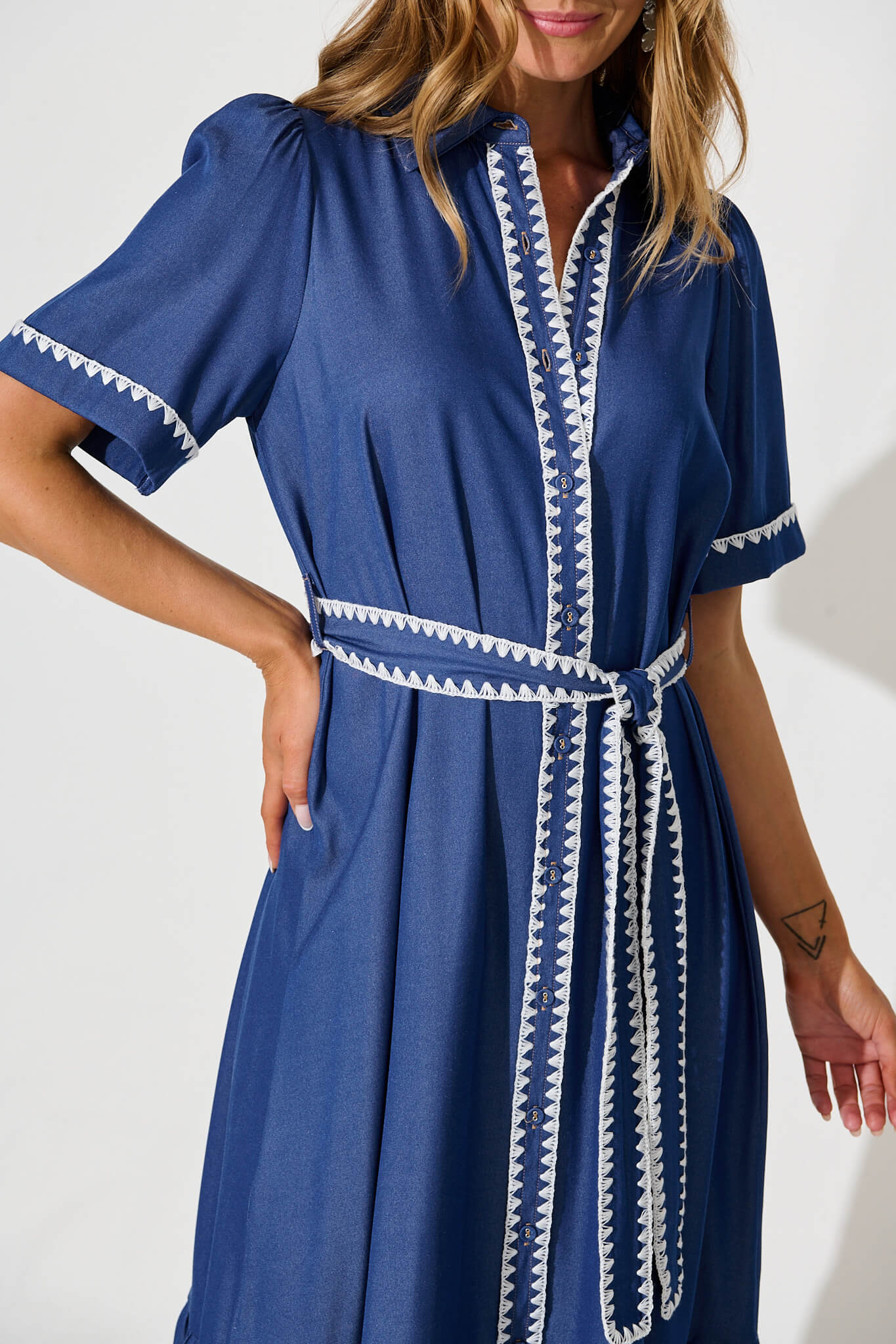 Aurora Midi Shirt Dress In Blue With White Contrast Stitch - Image 5