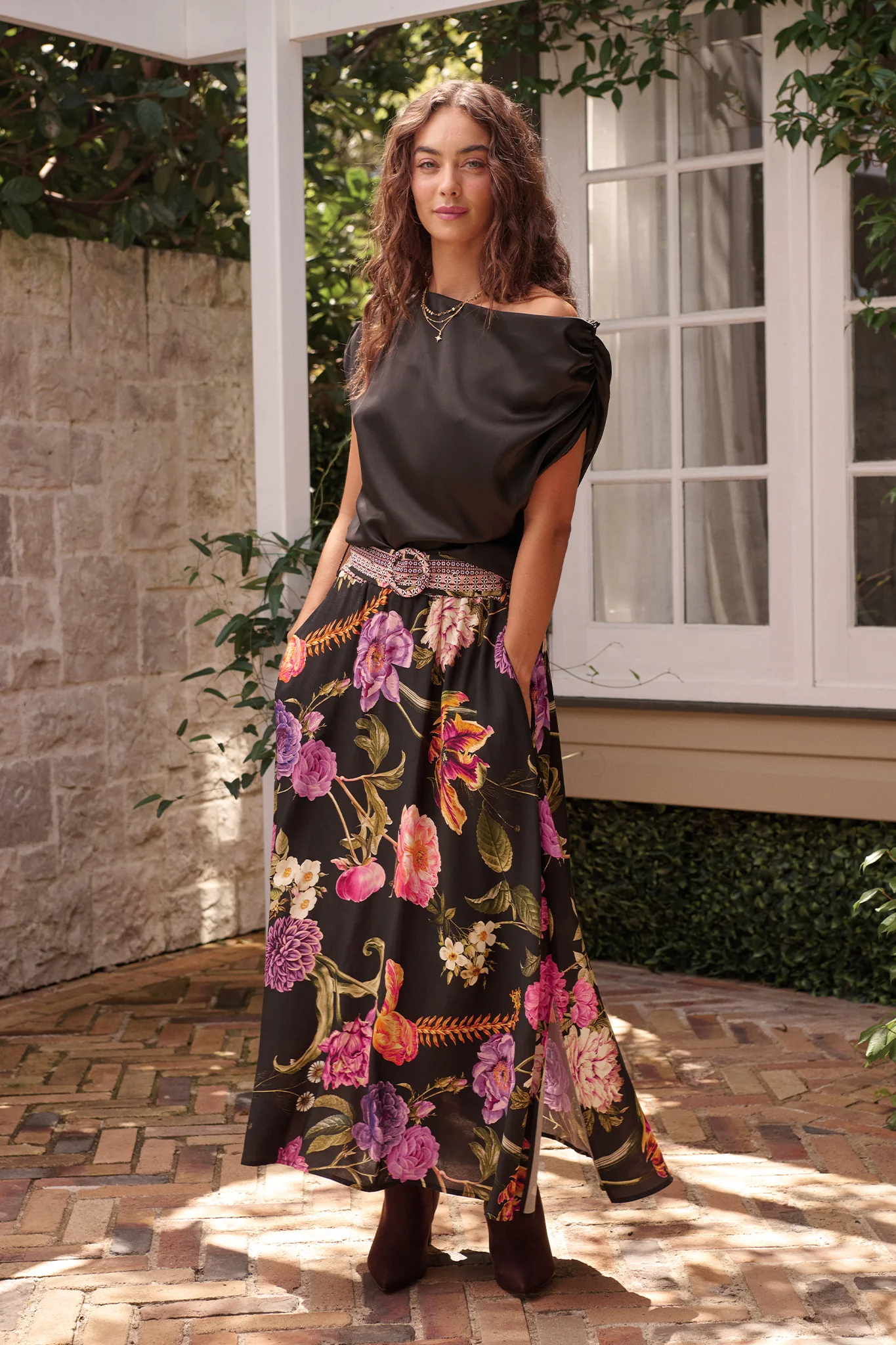 Aurora Radiance Maxi Skirt in Black with Multi Floral - Image 2