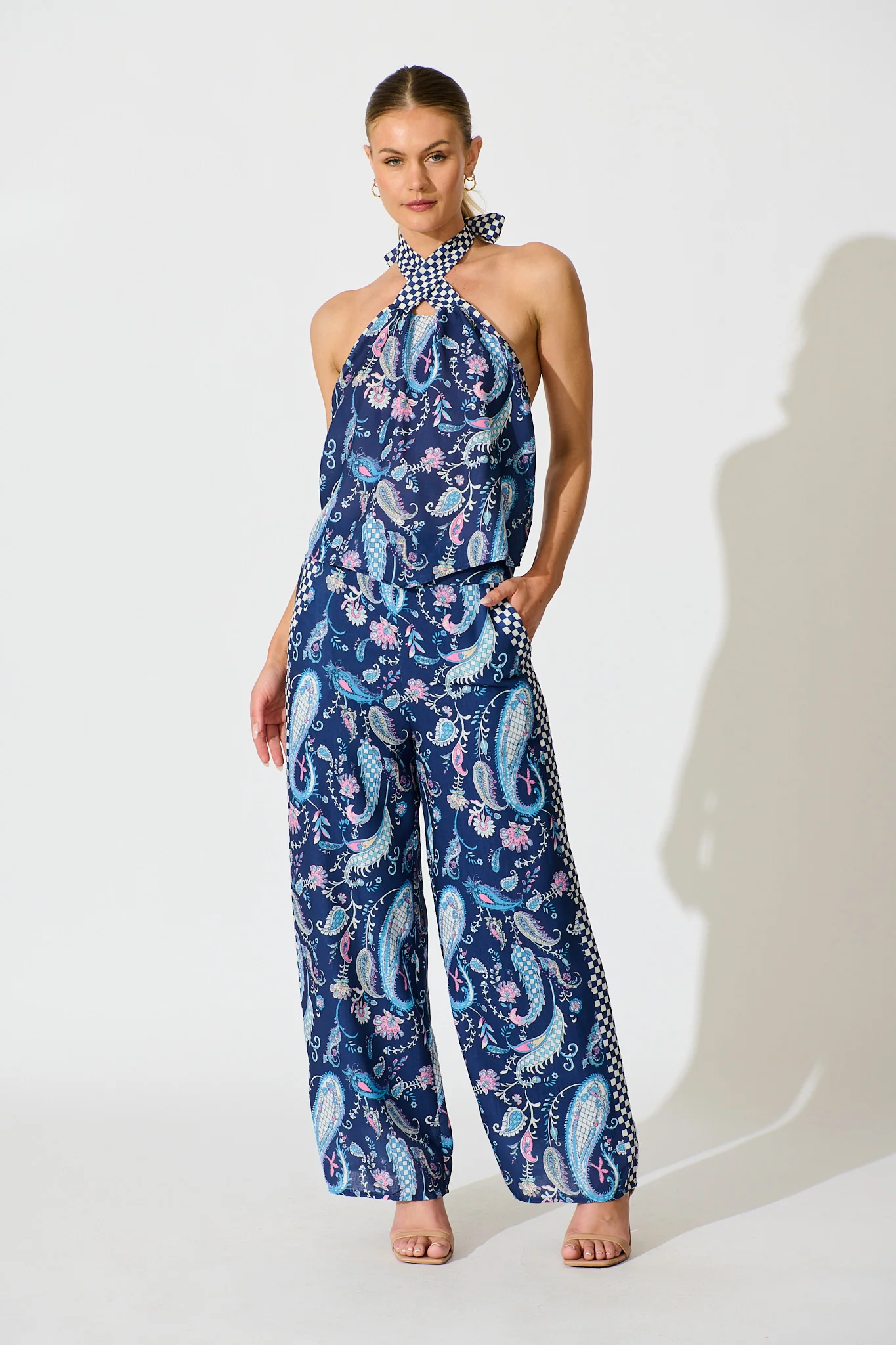 Avandi Wide Leg Trousers In Navy Paisley Print Linen Blend - Image 5